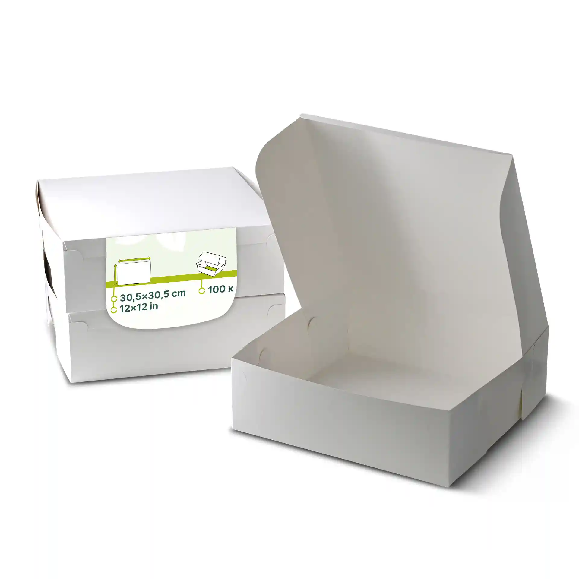 Biała pudełko na ciasto z otwartą pokrywą, wymiary 30,5 x 30,5 x 10 cm, z etykietą z danymi produktu.