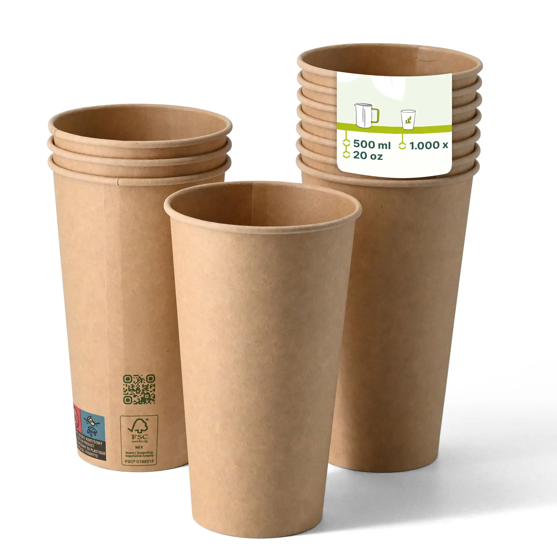 Brązowe papierowe kubki z pojedynczą ścianką, pojemność 500 ml, ułożone jeden na drugim z widoczną etykietą na górnym kubku.