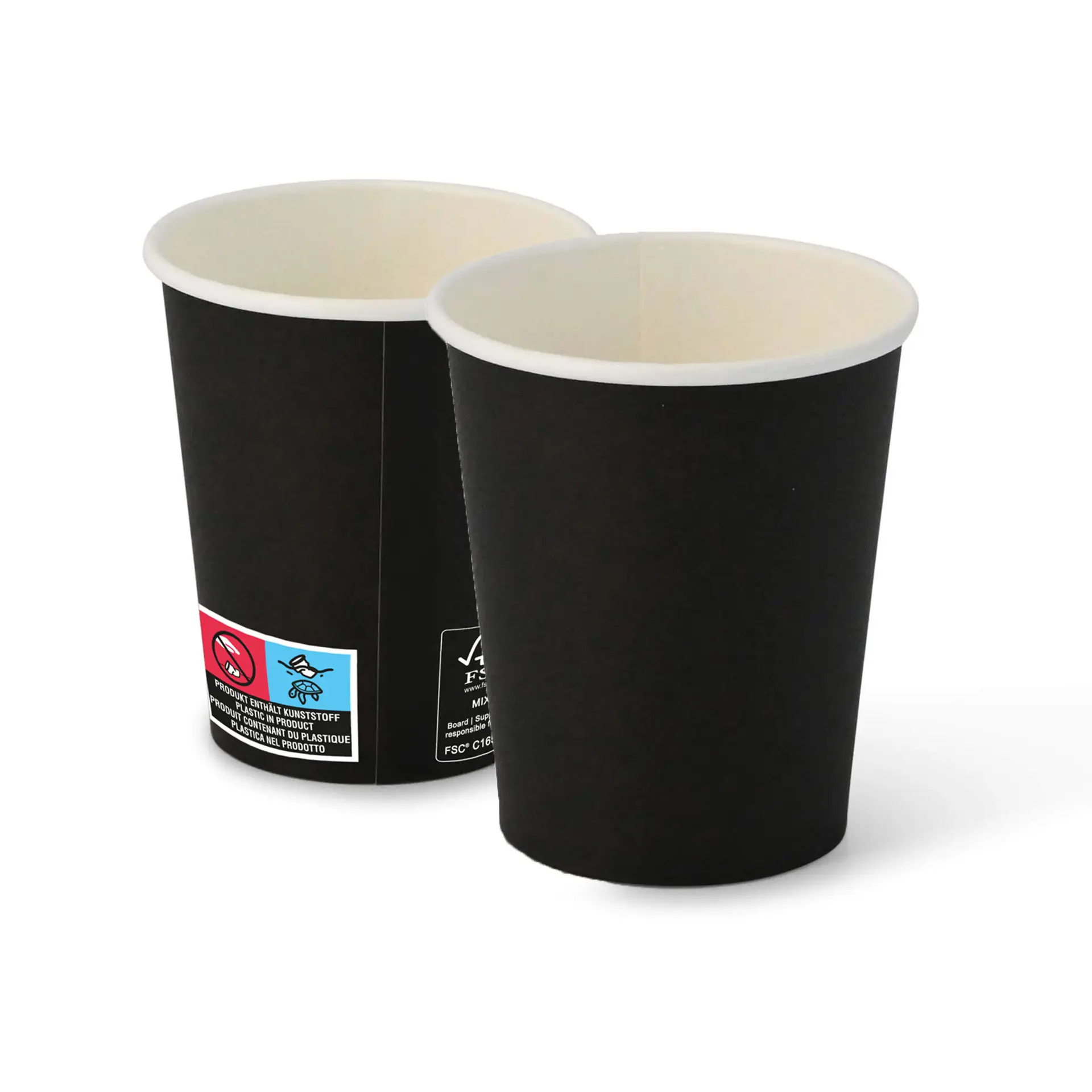 Dwa czarne papierowe kubki 8 oz z powłoką PE, o klasycznym designie; jeden kubek jest w pełni nieprzezroczysty.