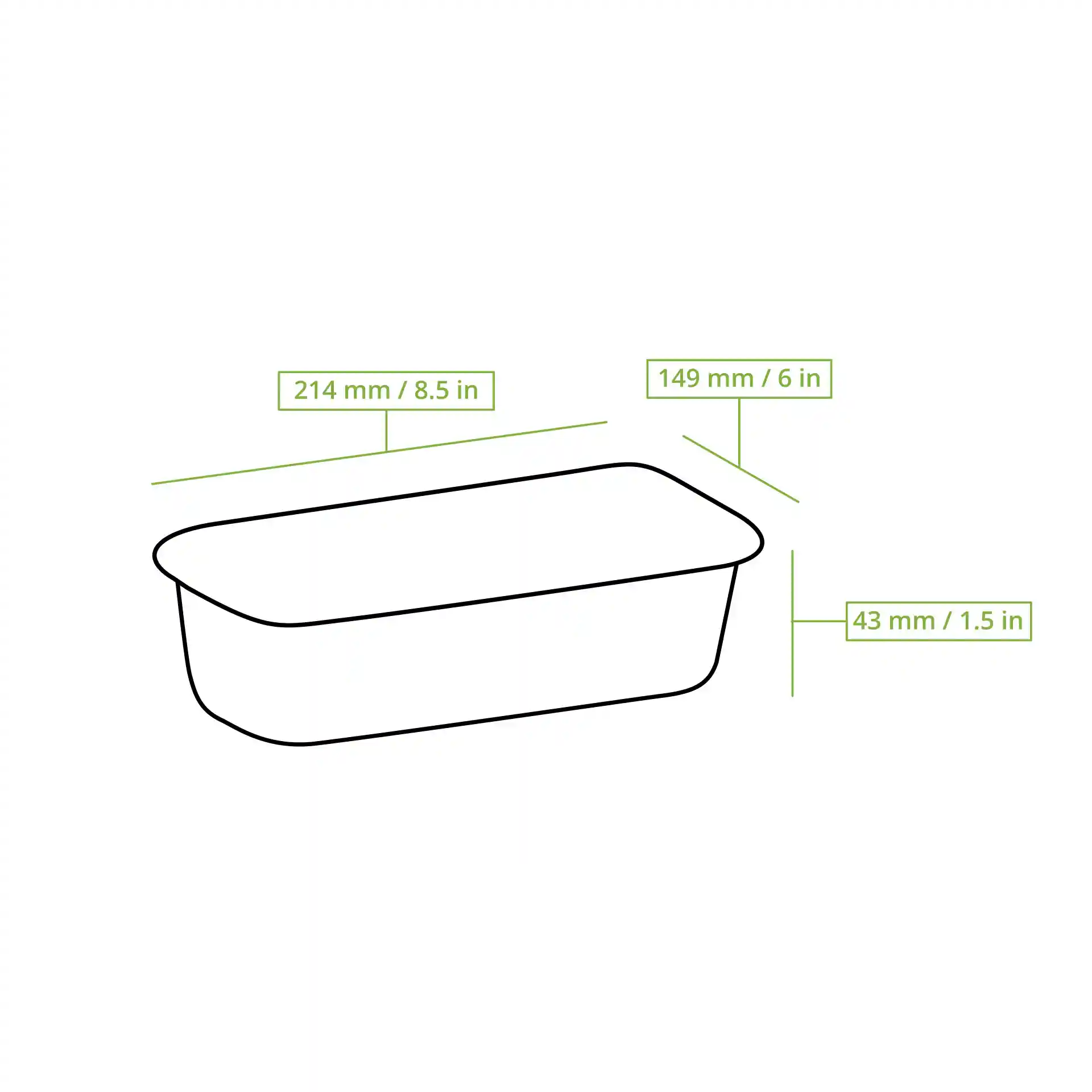 Schematyczny rysunek prostokątnego pojemnika aluminiowego o wymiarach 214 mm x 149 mm x 43 mm.