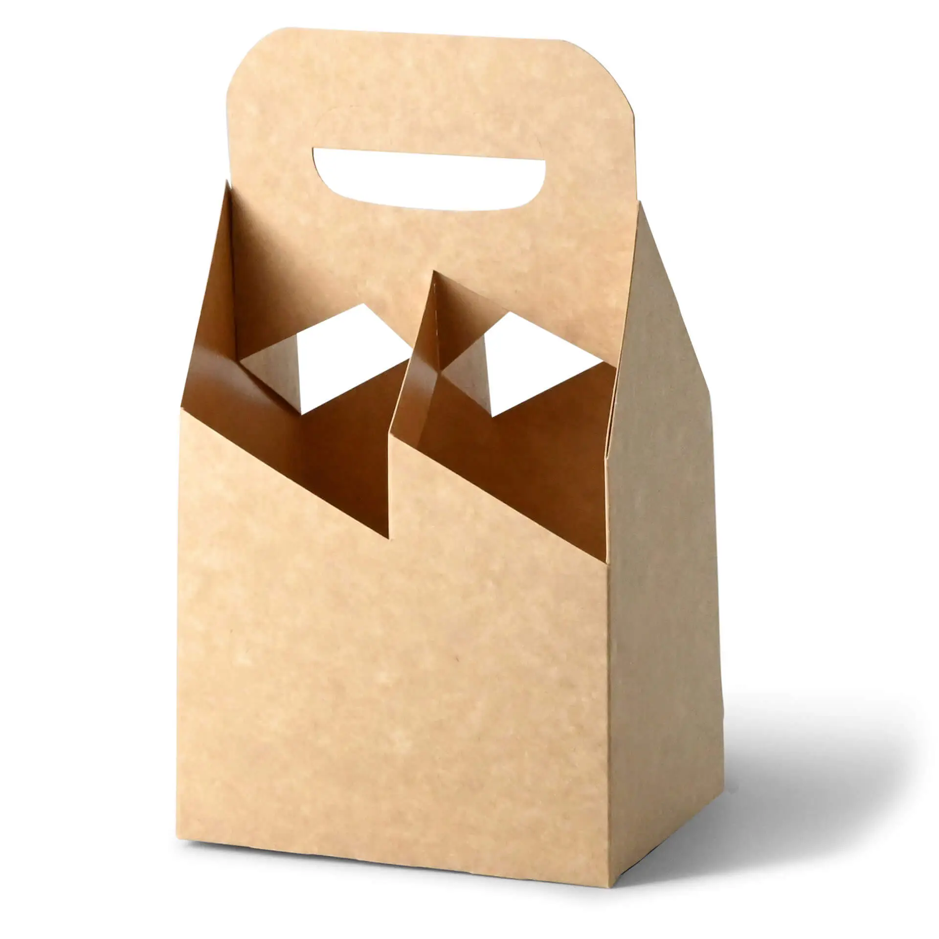 Składany kartonowy nosidło na butelki z centralnym uchwytem, zaprojektowane na 2-4 butelki, w brązowym wykończeniu.