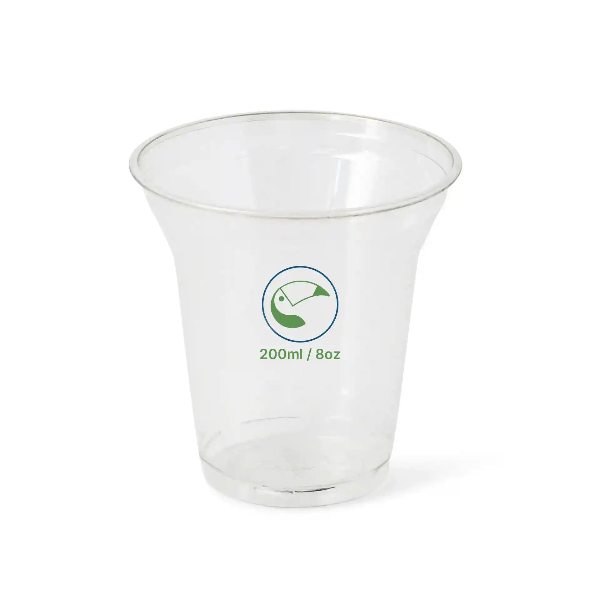 Przezroczysty kubek rPET 8 oz o wysokości 96 mm i średnicy 95 mm, z zielonym symbolem i oznaczeniami objętości.