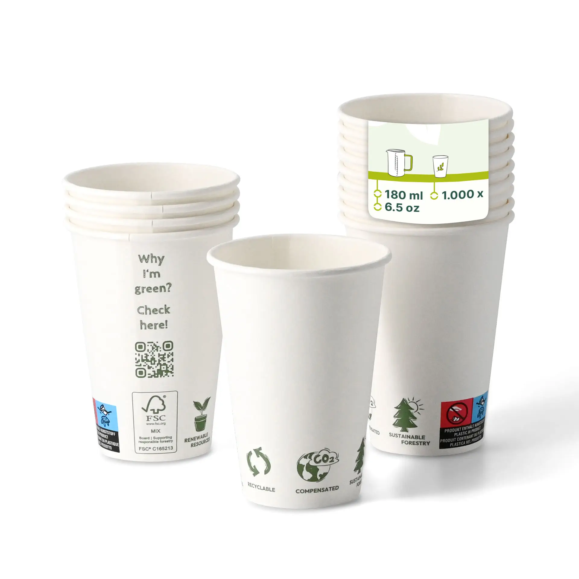 Kubek do automatów „EcoUp©” Ikony, 180 ml / 7,5 oz, Ø 70 mm, jednowarstwowy, biały, powłoka PLA