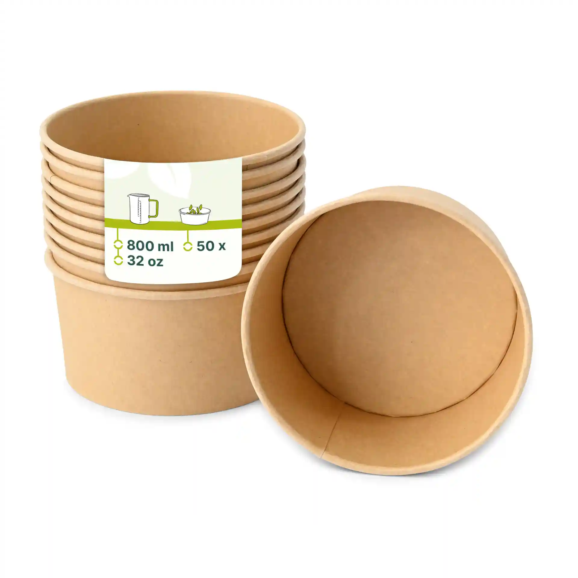 Brązowe okrągłe miski papierowe ułożone w stos, jedna miska odwrócona, aby pokazać wnętrze, z etykietą z danymi produktu.