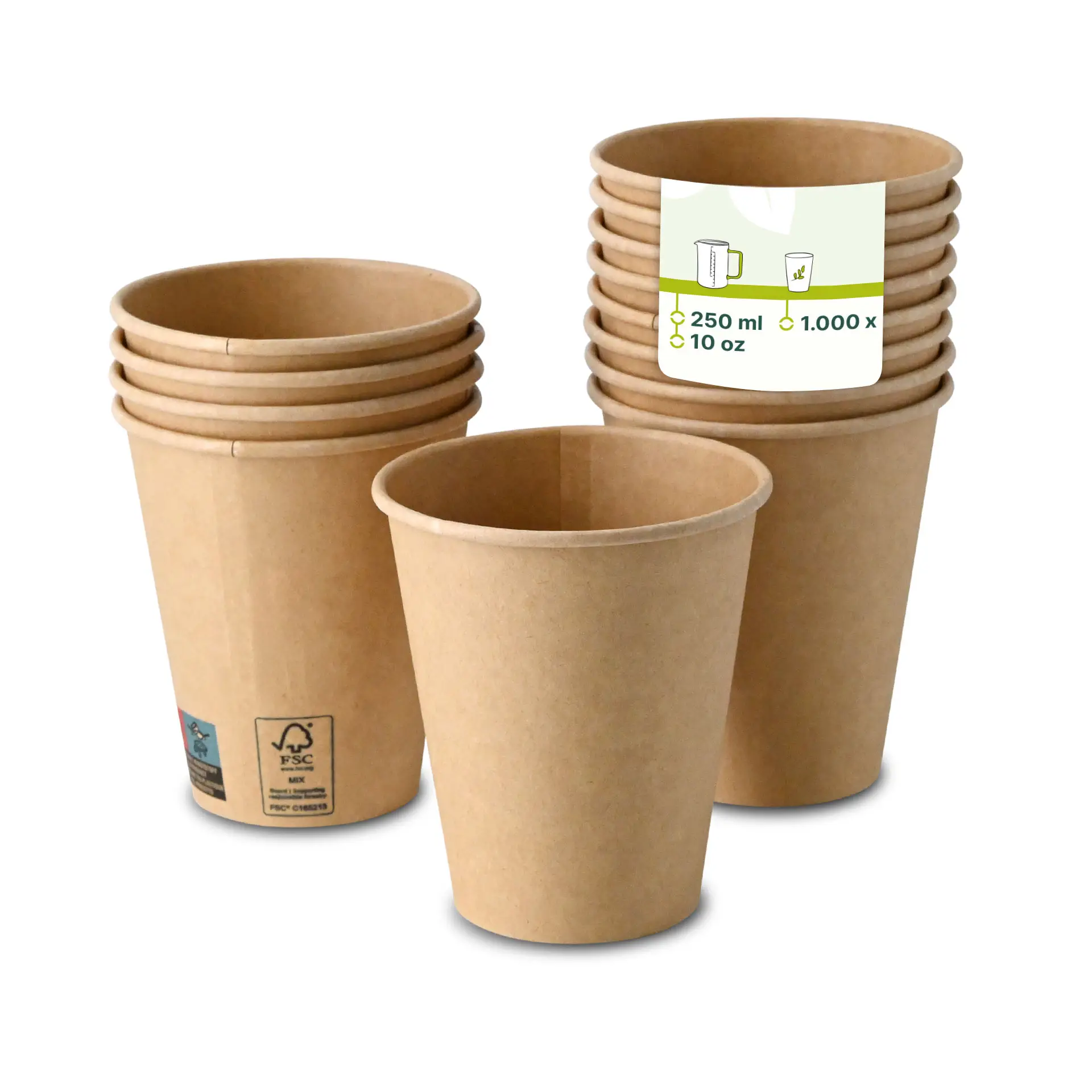Brązowe kubki papierowe ułożone w stos, z jednym kubkiem z przodu, który pokazuje etykietę z pojemnością 250 ml i rozmiarem 10 oz.