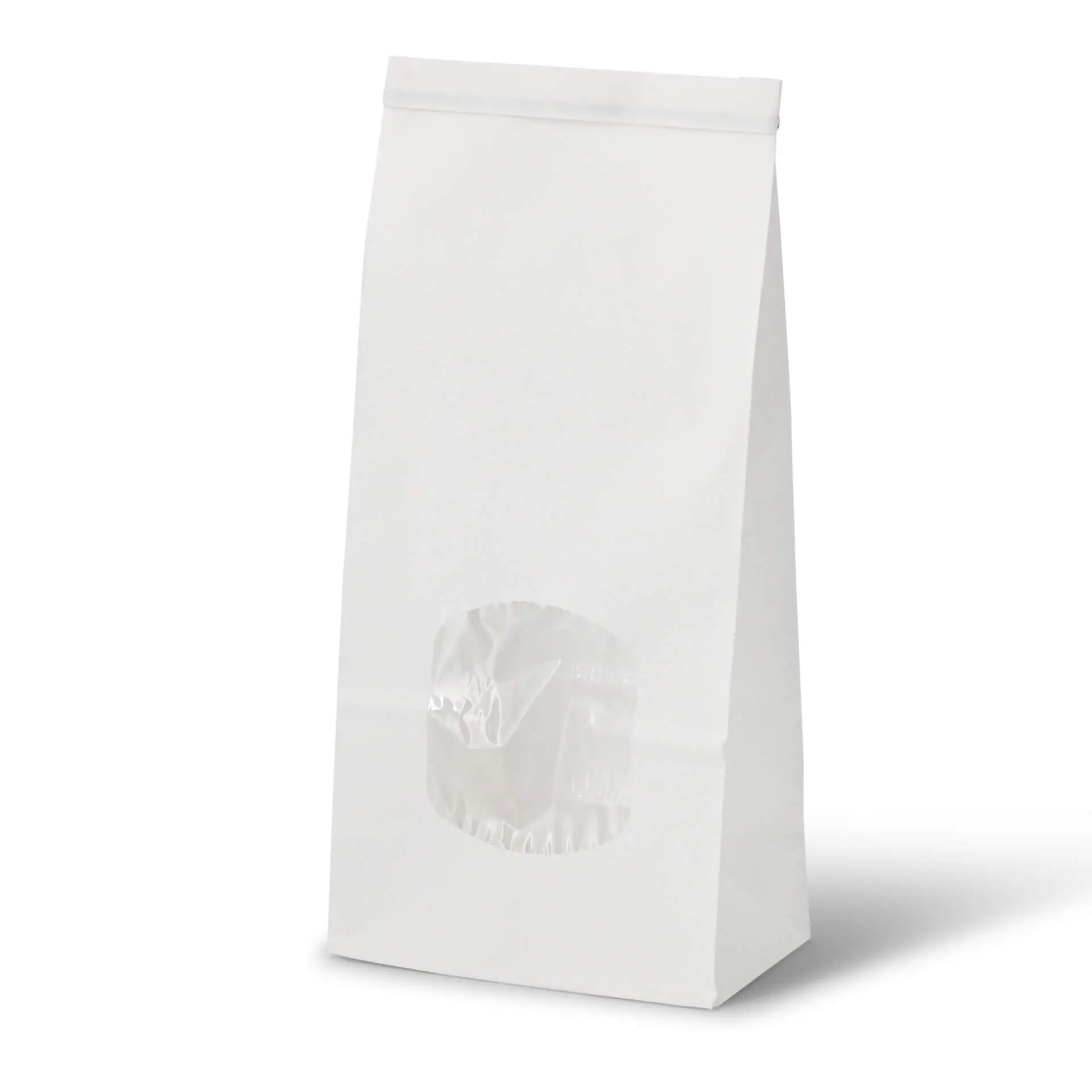 Biała papierowa torba z dnem prostokątnym i oknem, odpowiednia dla aromatycznych towarów; z zamknięciem na drucik i wewnętrzną powłoką PP.