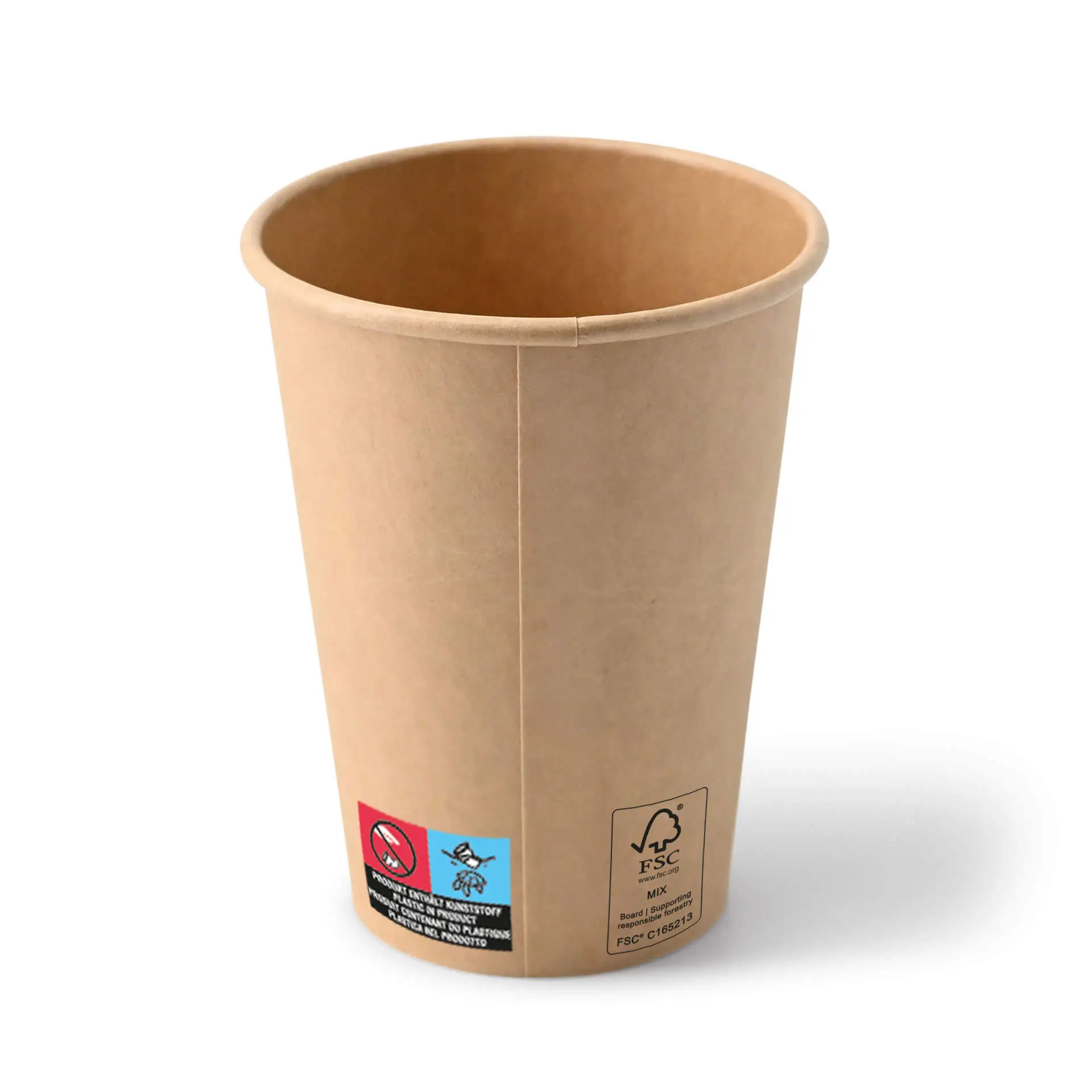 Brązowy papierowy kubek 12 oz z powłoką PE; zawiera logo i etykiety dotyczące recyklingu oraz certyfikacji FSC.