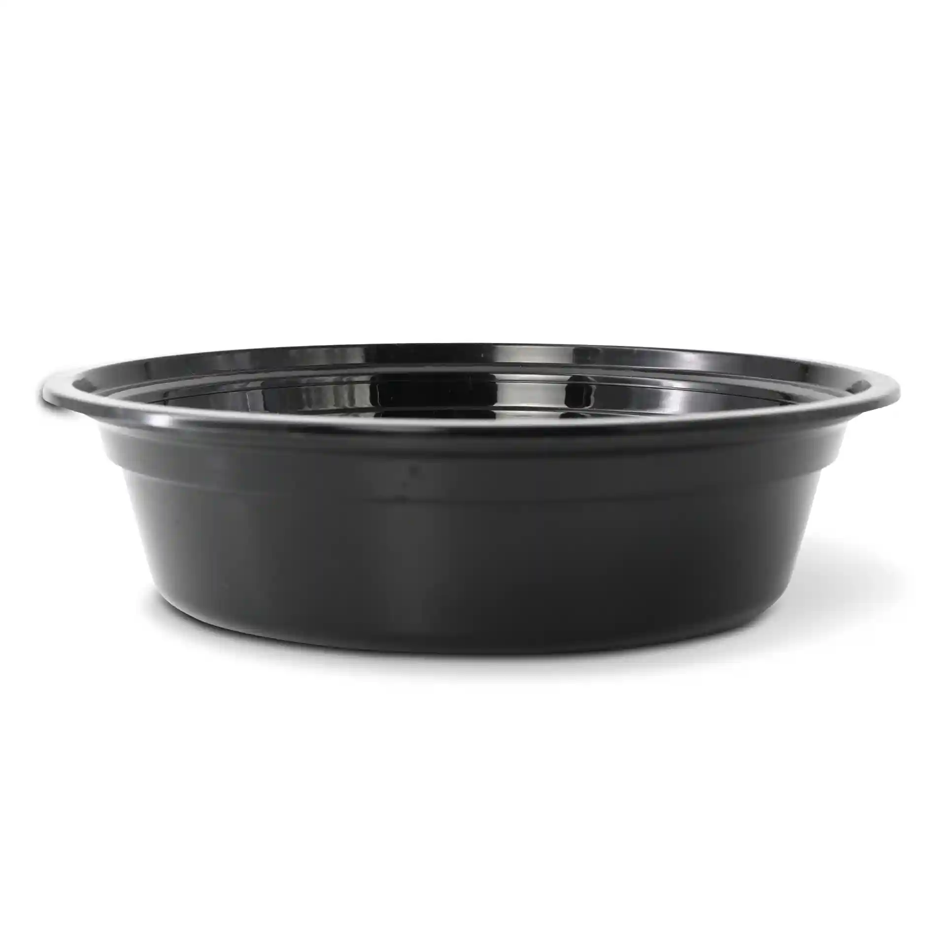 Czarny okrągły wielokrotnego użytku kubek z polipropylenu, pojemność 450 ml, wysokość 42 mm i średnica 158 mm.