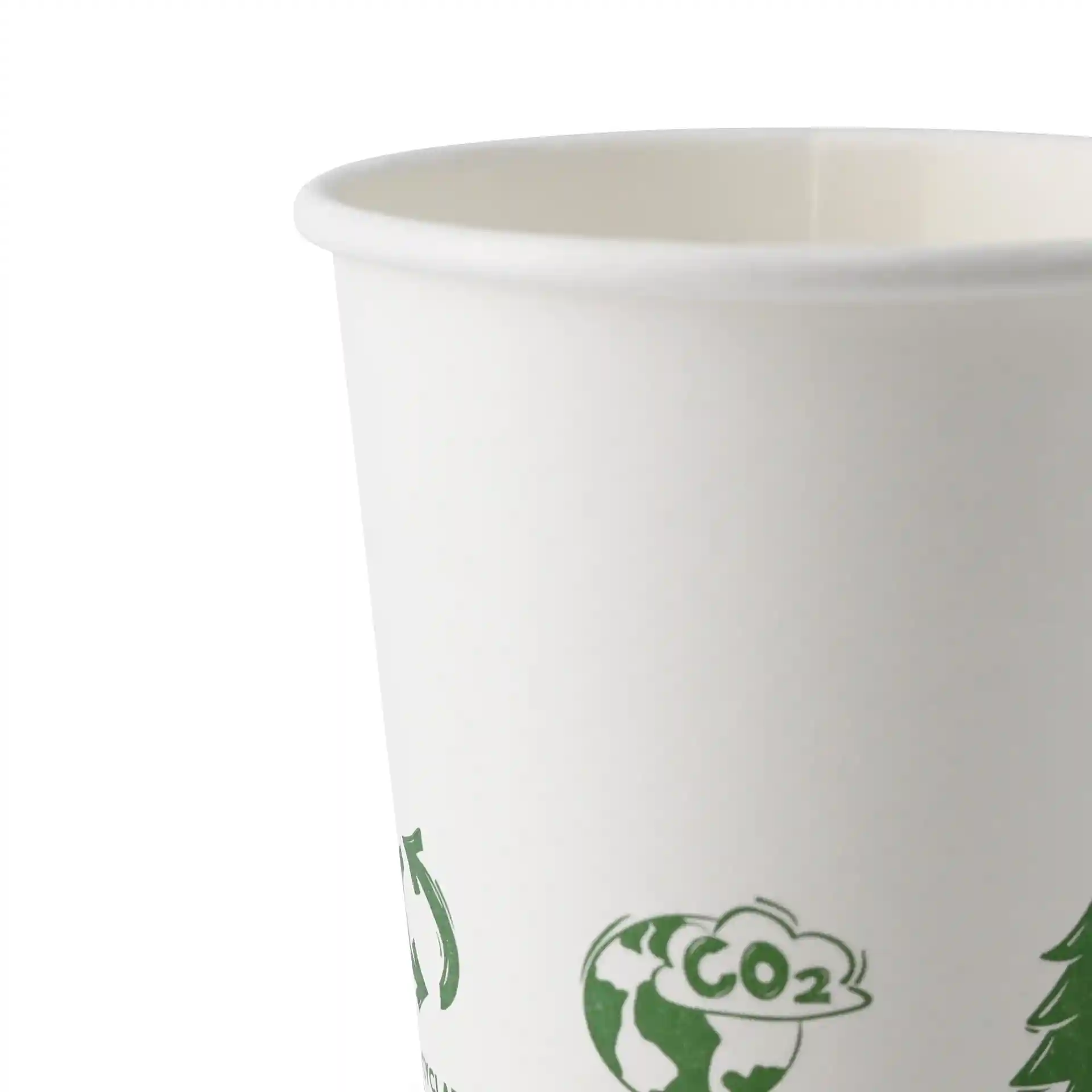 Biały kubek o średnicy 62 mm, z zielonymi ikonami „EcoUp©” i powłoką PLA.