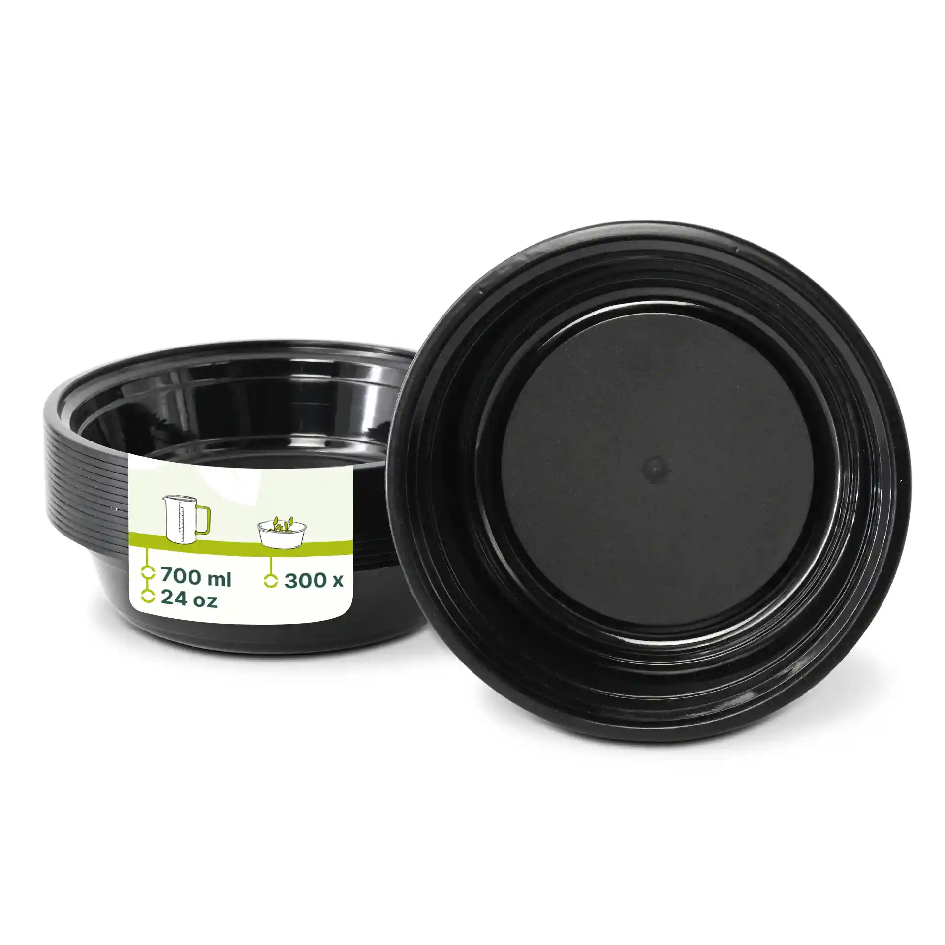 Czarny okrągły talerz wielokrotnego użytku z PP, pojemność 700 ml, średnica 182 mm, wysokość 44 mm.