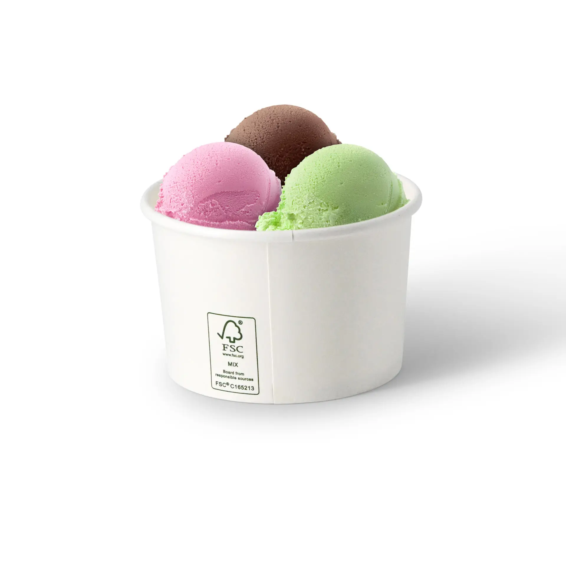 Trzy gałki lodów w białym papierowym kubku, o smakach różowym, zielonym i brązowym, z certyfikatem FSC.