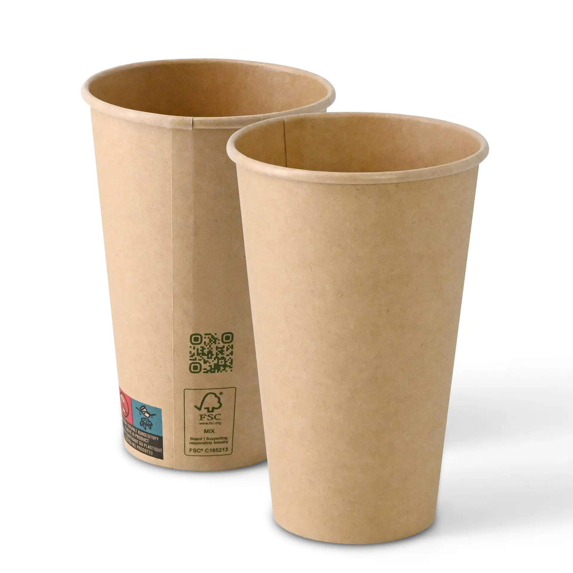 Brązowy papierowy kubek z pojedynczą ścianką, pojemność 400 ml i średnica 90 mm, pokazany z dwóch kątów.