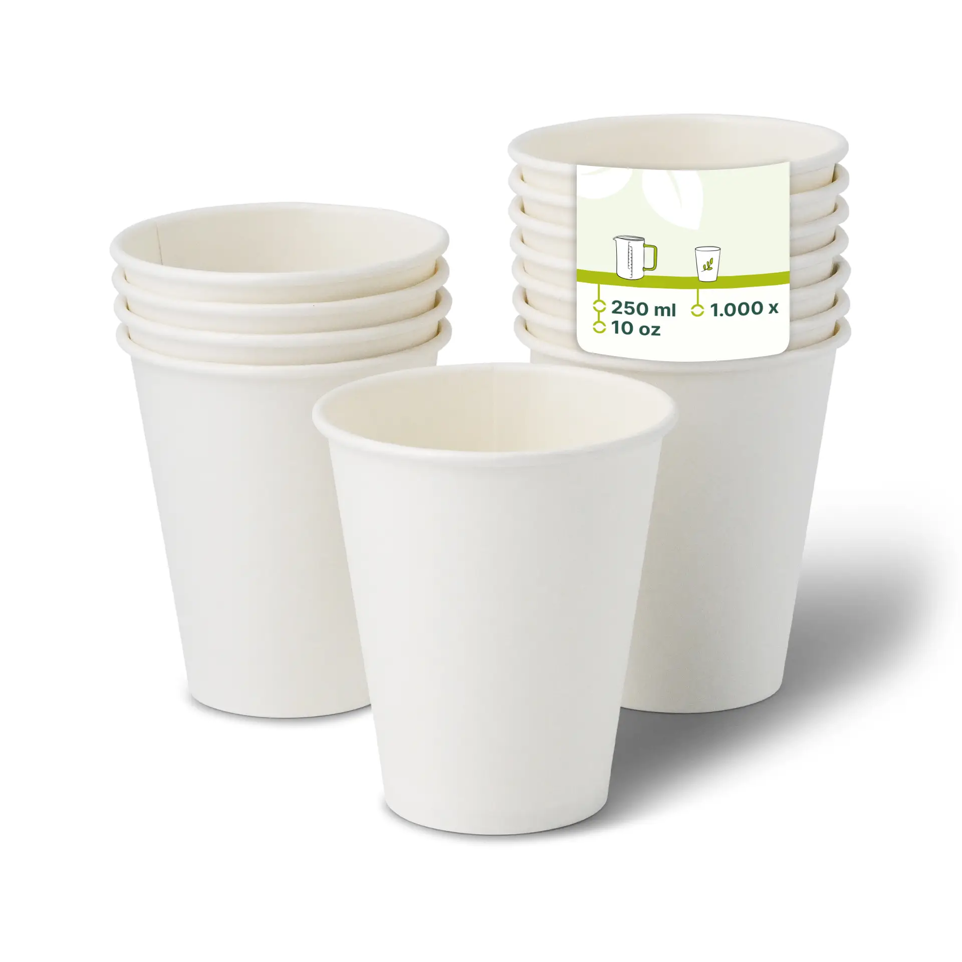 Białe papierowe kubki ułożone w stos, jeden z przodu z etykietą wskazującą pojemność 10 oz i 250 ml.