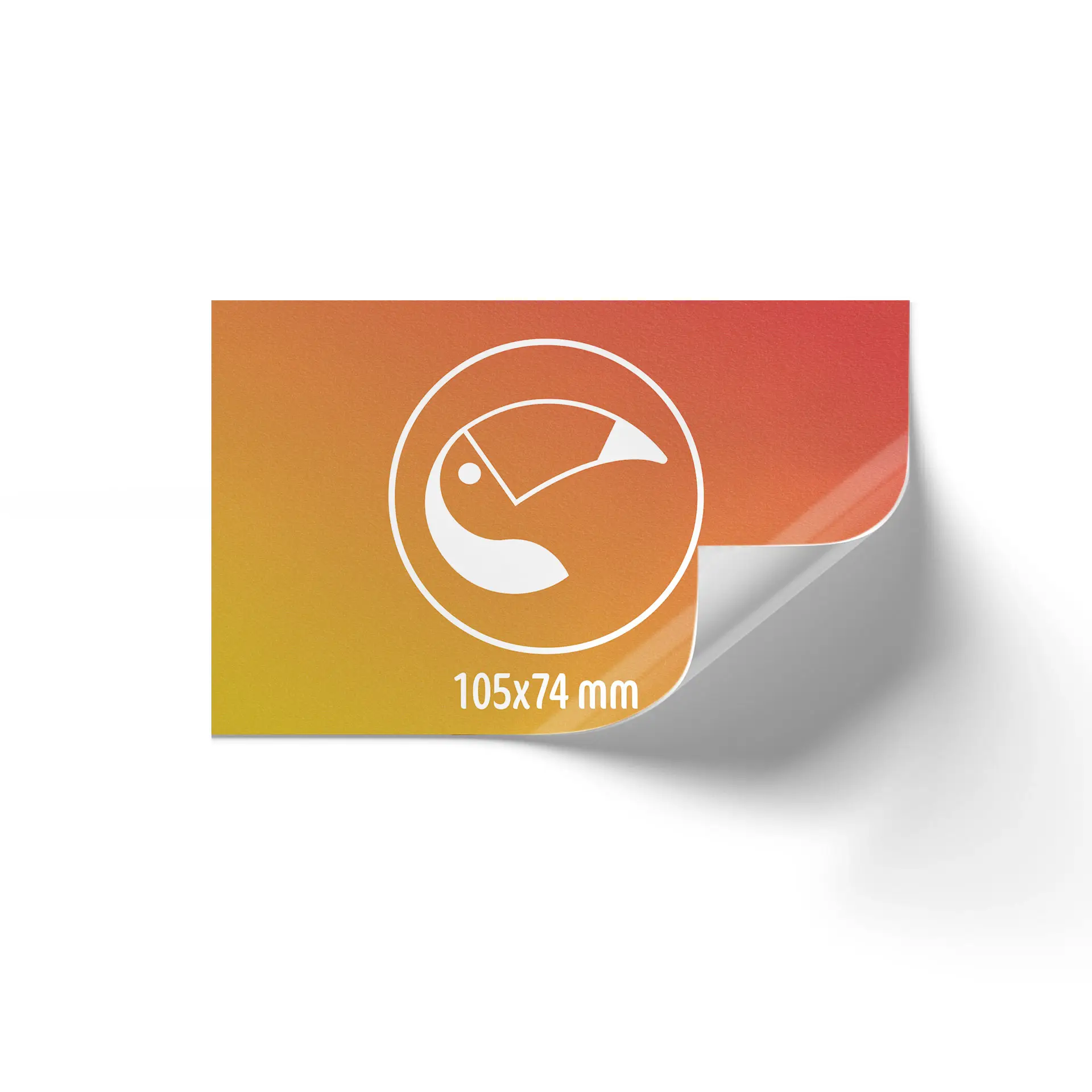Prostokątna etykieta z nadrukiem w gradientzie od pomarańczowego do żółtego, wymiary 105x74 mm, z wzorem i logo.