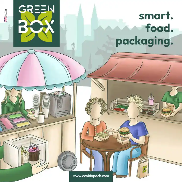 Ilustracja sceny targu spożywczego z sprzedawcą pod paskowym zadaszeniem, klientami przy stołach i różnymi produktami spożywczymi.