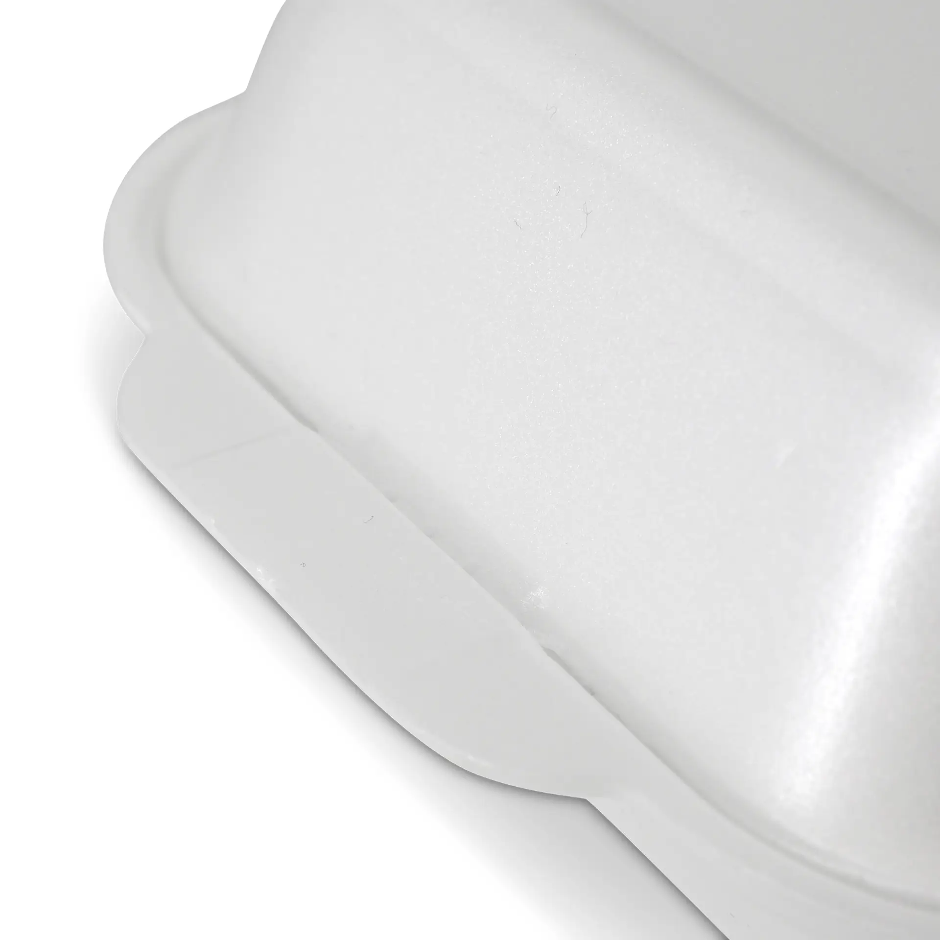 Biały pojemnik na wynos z pianki z zawiasową pokrywką i gładką powierzchnią.