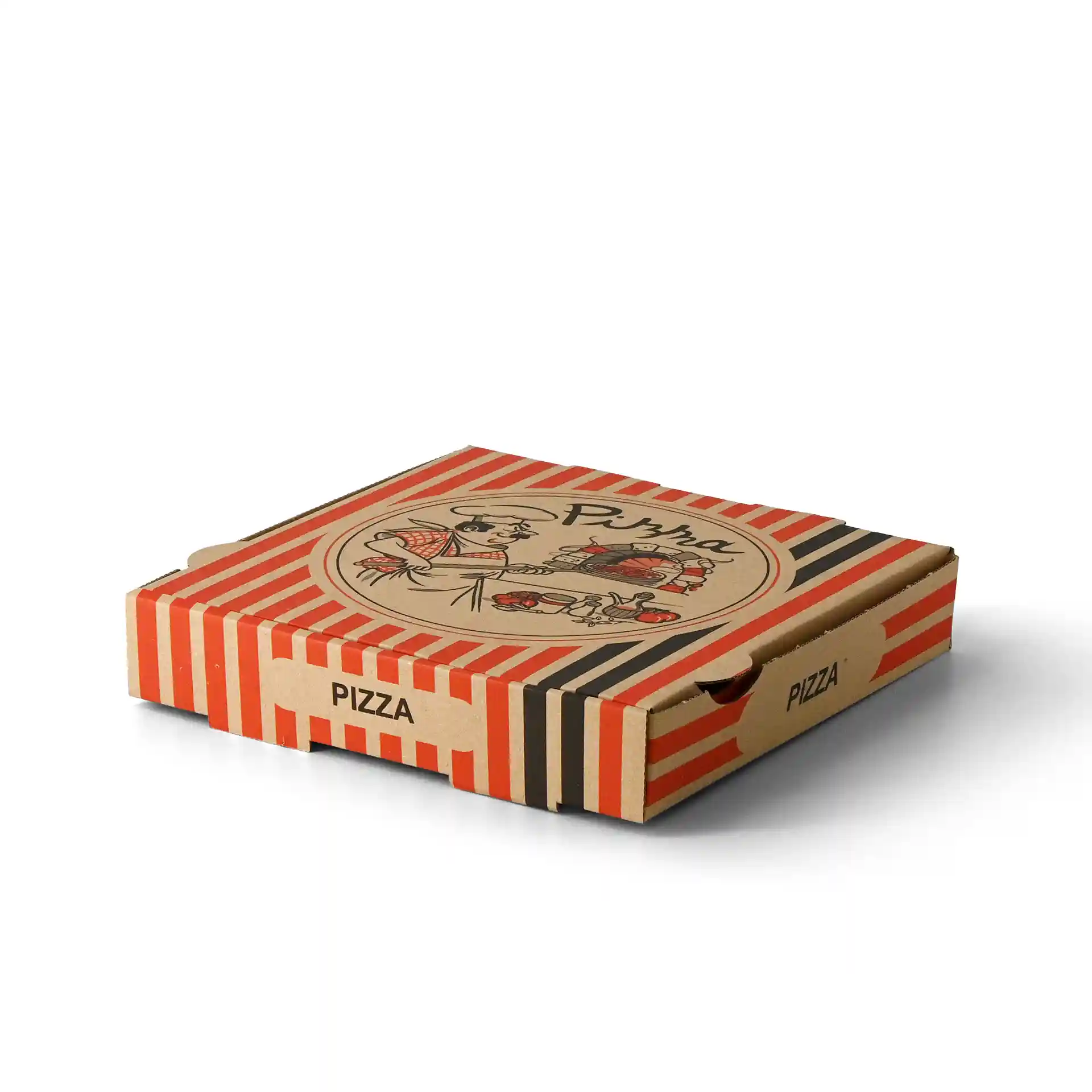 Pudełko na pizzę z wzorem szefa pizzy, brązowe z czerwonymi i czarnymi paskami, 26 x 26 x 4 cm.