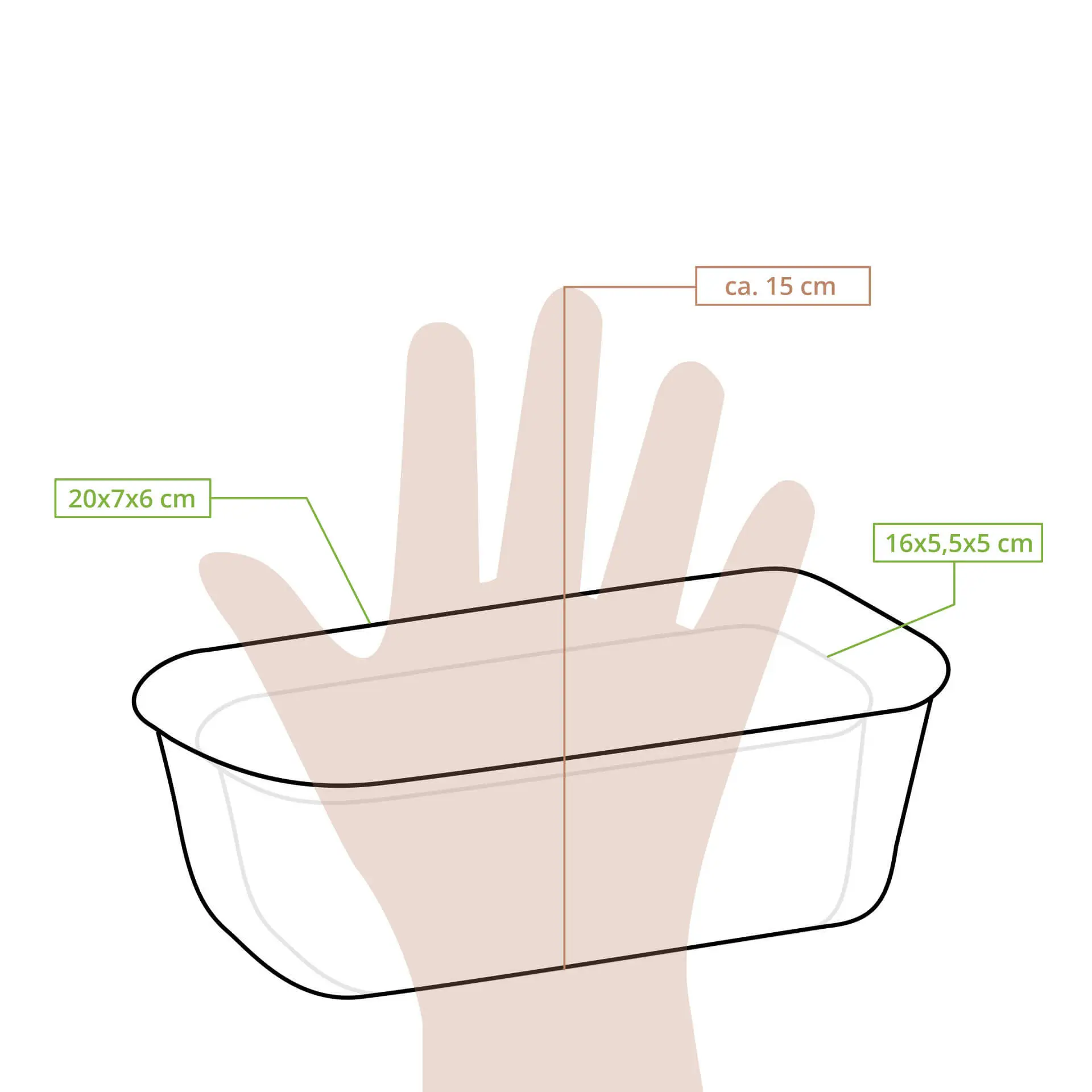 Forma do pieczenia wykonana z biodegradowalnego papieru kakaowego, prostokątna, o wymiarach 20x7x6 cm, pokazana z ręką dla odniesienia rozmiaru.