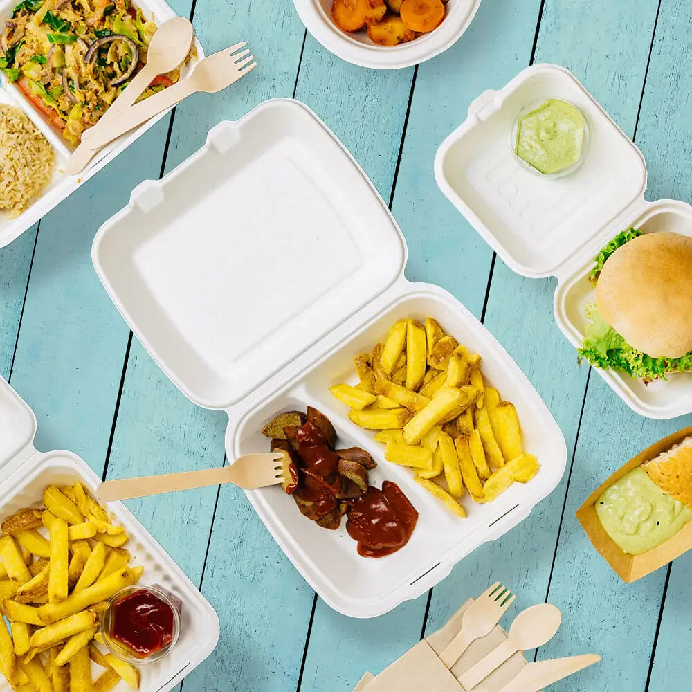 Jedna biodegradowalna pudełko z trzciny cukrowej z frytkami i mięsem w sosie; dodatkowe pojemniki na jedzenie i sztućce w pobliżu.