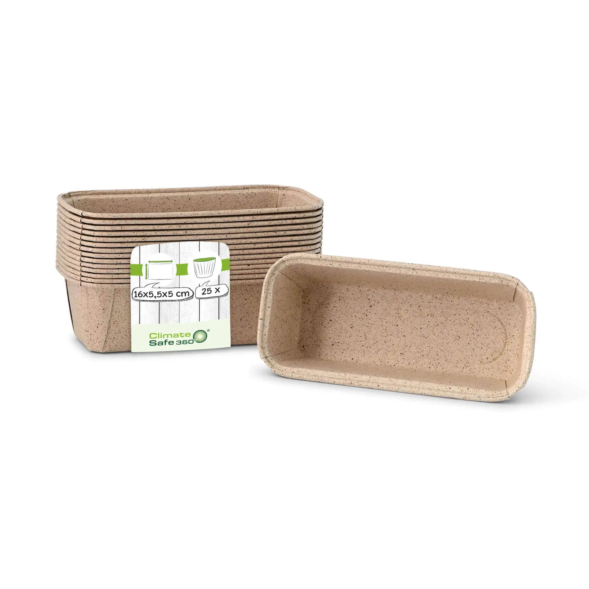 Jedna prostokątna forma do pieczenia biodegradowalna z papieru kakaowego; brązowa z wieloma podobnymi formami w tle.