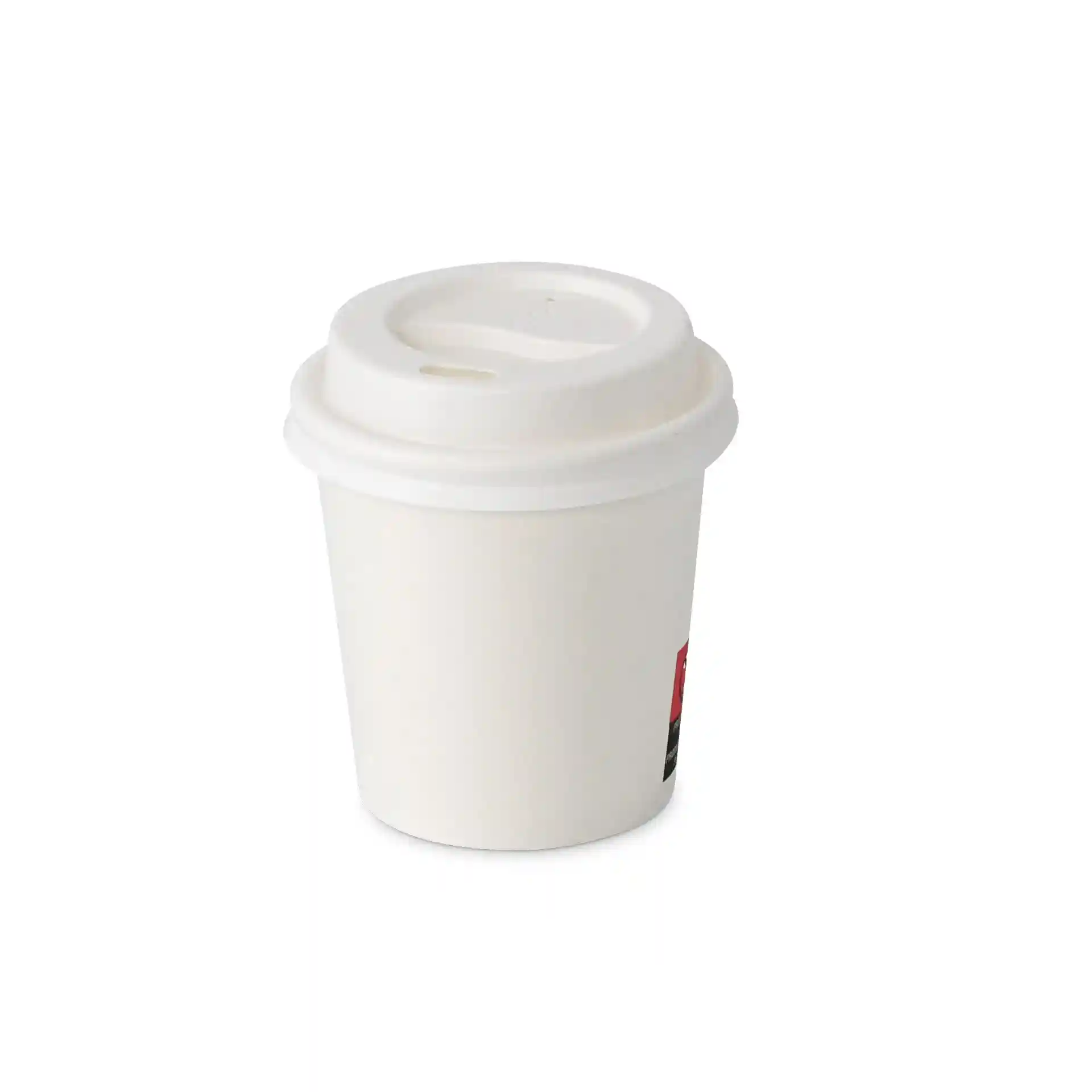 Biały papierowy kubek z powierzchnią pokrytą PLA, pojemność 100 ml, jednolita ścianka i średnica 62 mm.