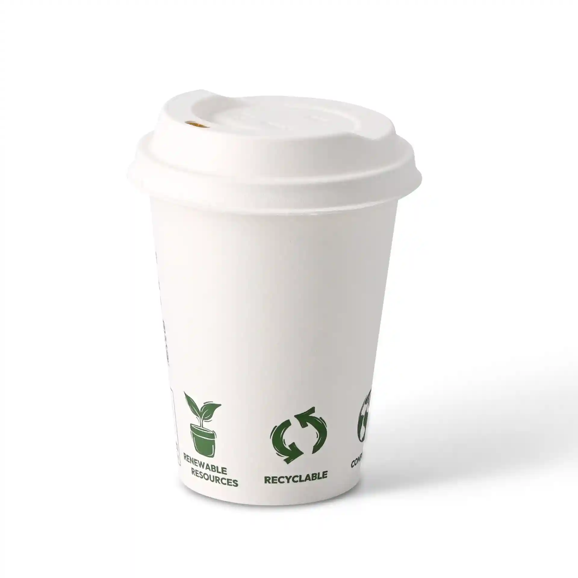 Biały papierowy kubek z pokrywką, pojemność 300 ml, z zielonymi ikonami odnawialnych źródeł i recyklingu.