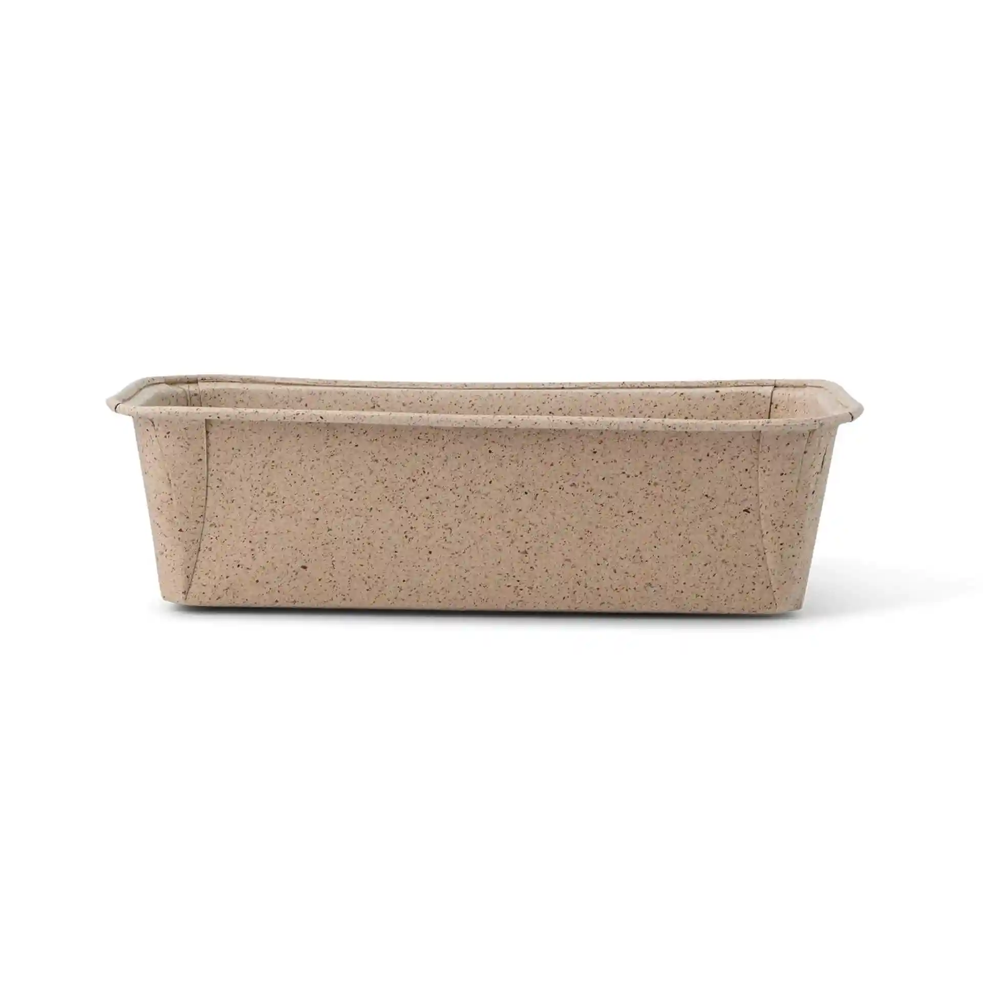 Prostokątna forma do pieczenia z brązowego papieru kakaowego, o wymiarach 20 × 7 × 6 cm.
