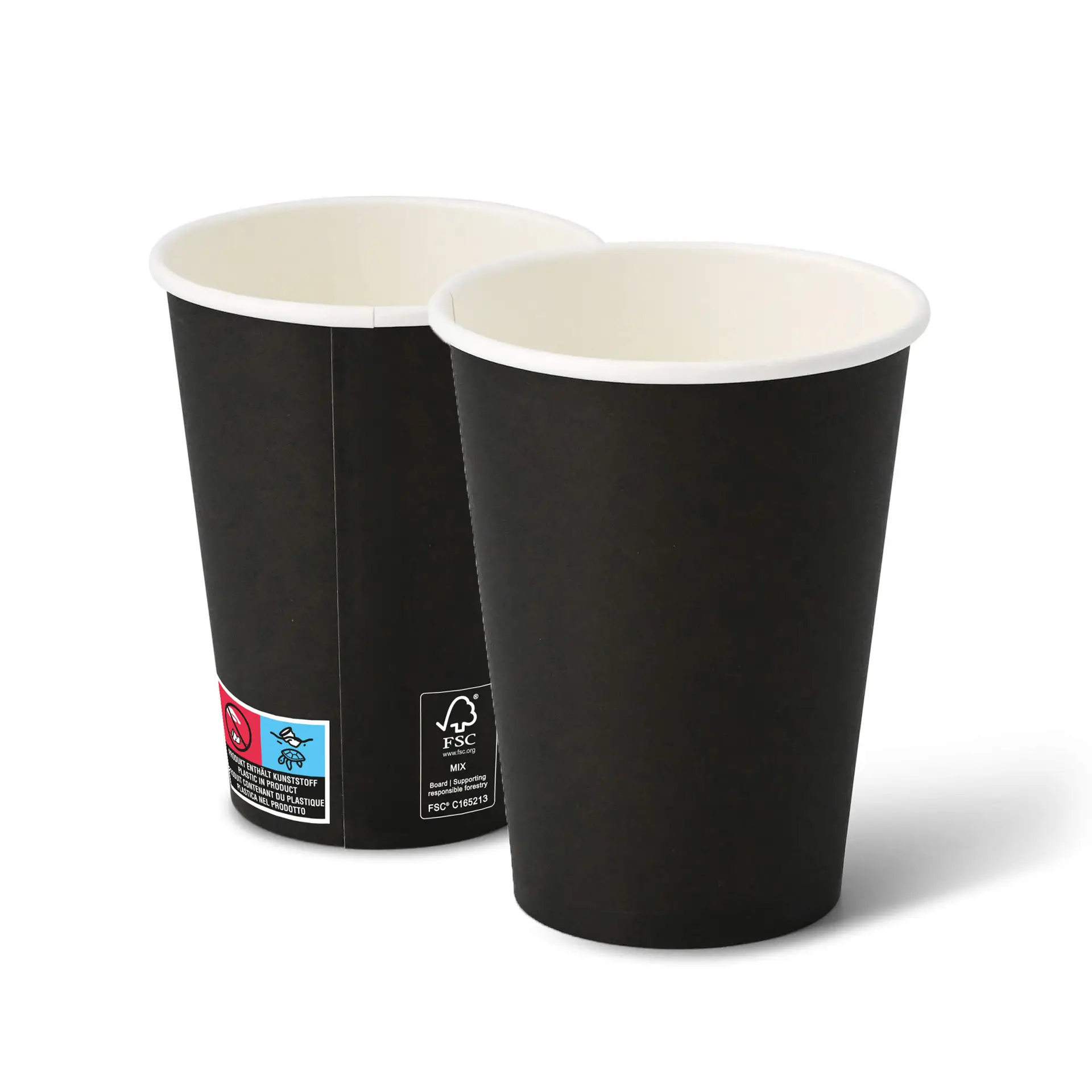 Czarne papierowe kubki, pojemność 12 oz, okrągły kształt, z białym wnętrzem i widocznymi etykietami z boku.