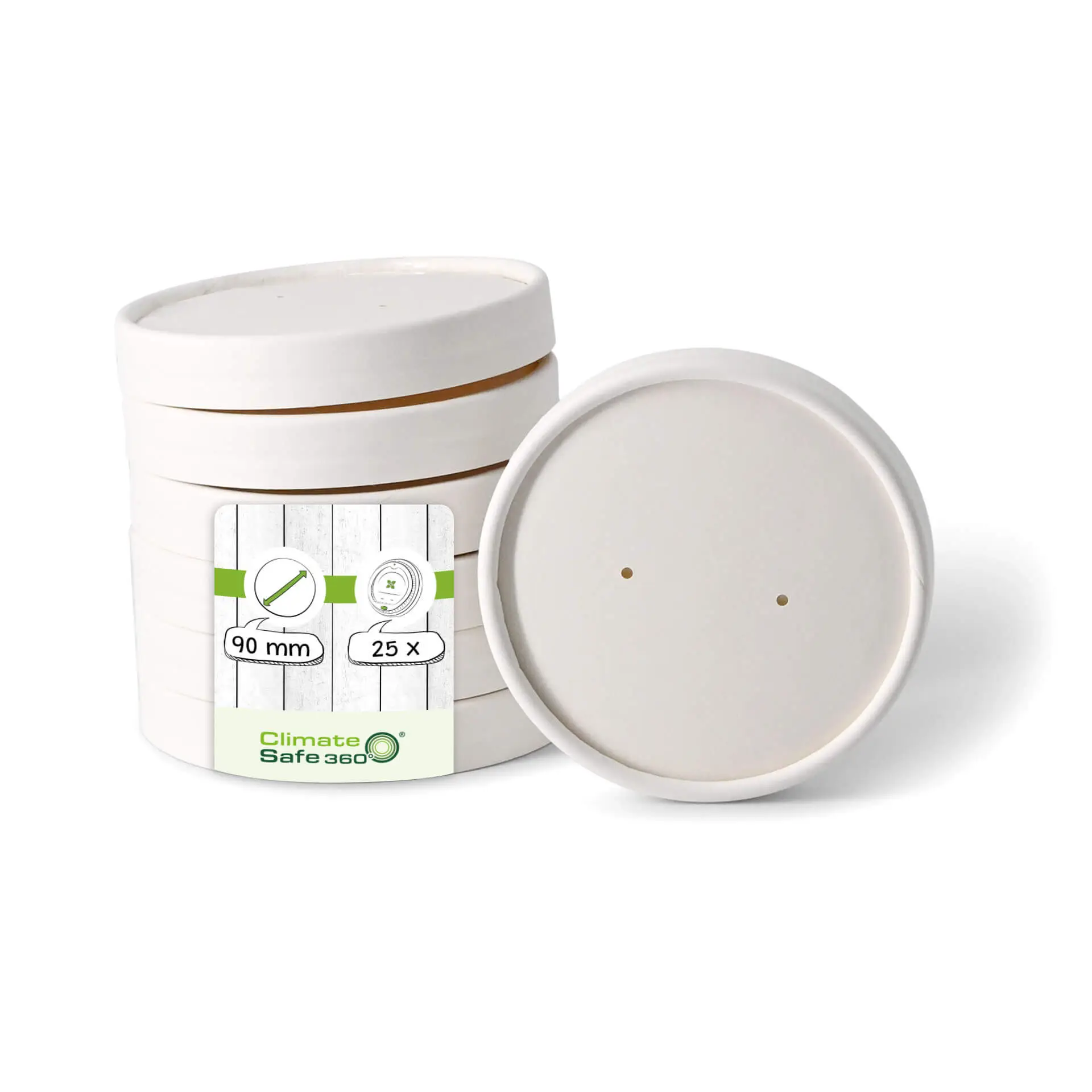 Białe pokrywki membranowe do pojemników kartonowych, średnica 90 mm; stos pokrywek z widocznymi otworami do odprowadzania pary.