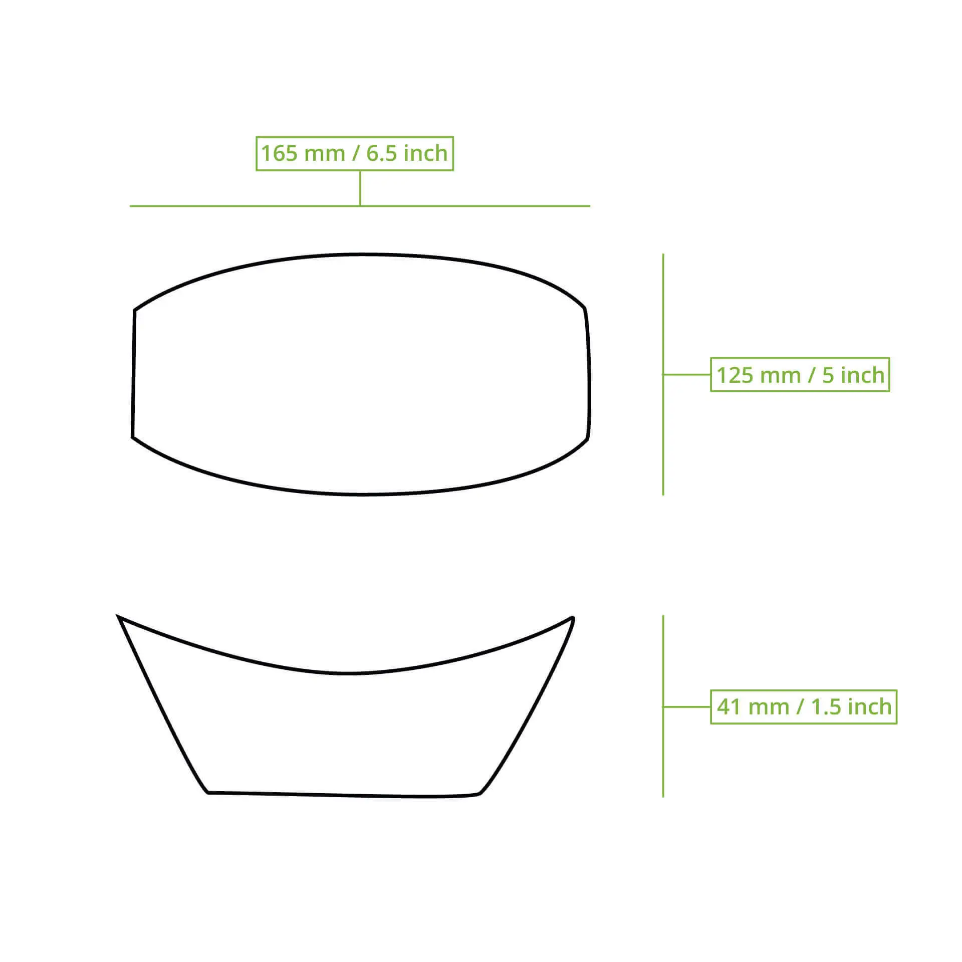 Ilustracja miski na przekąski odpornej na tłuszcz; wymiary 165 x 125 mm, głębokość 41 mm; odpowiednia do gorącego i zimnego jedzenia.