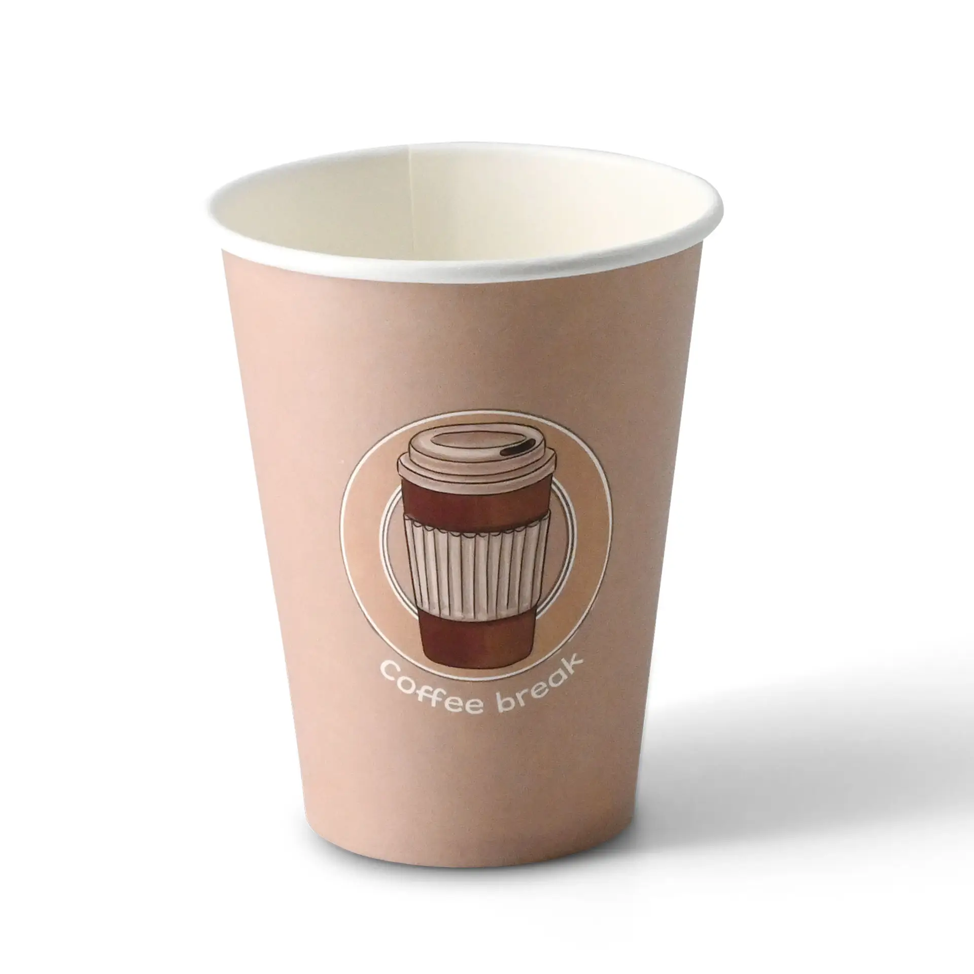 Jednorazowy kubek papierowy 12 oz z nadrukiem "Coffeebreak", odpowiedni do gorących i zimnych napojów.