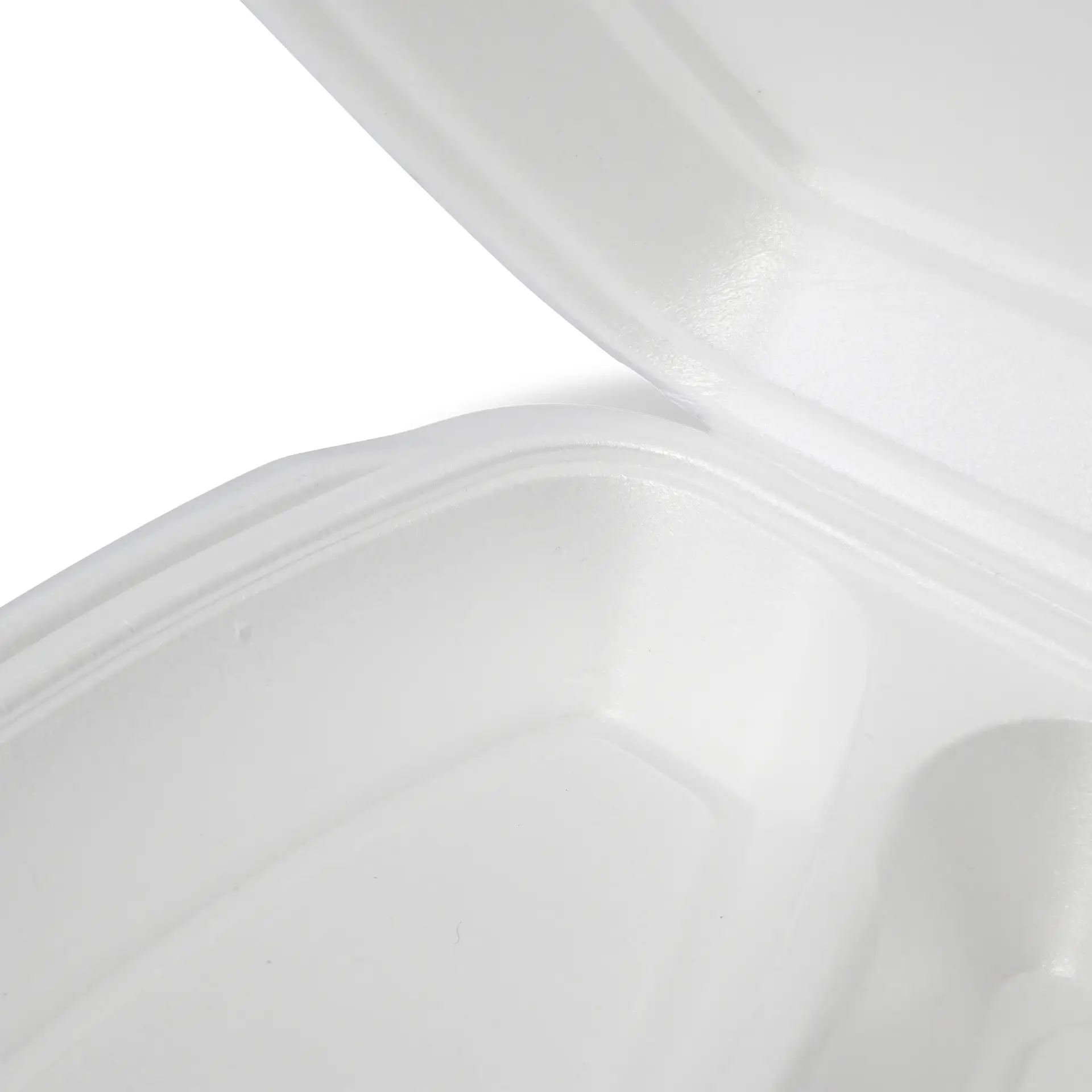 Biały jednorazowy pojemnik na żywność z klapą, pokazujący wnętrze.