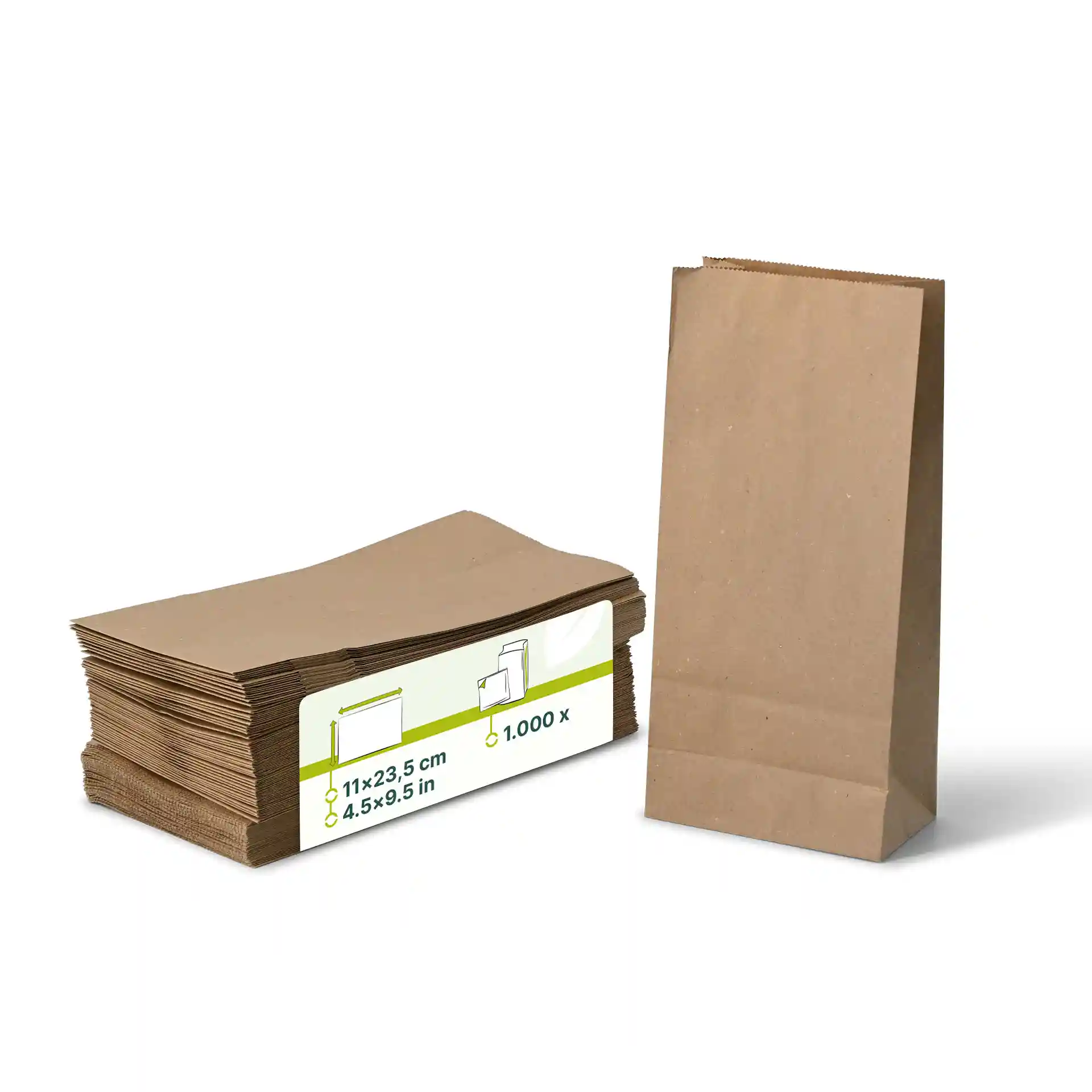 Brązowe torby papierowe z blokowym dnem, 11 x 6 x 23,5 cm, ułożone z jedną torbą w pionie.