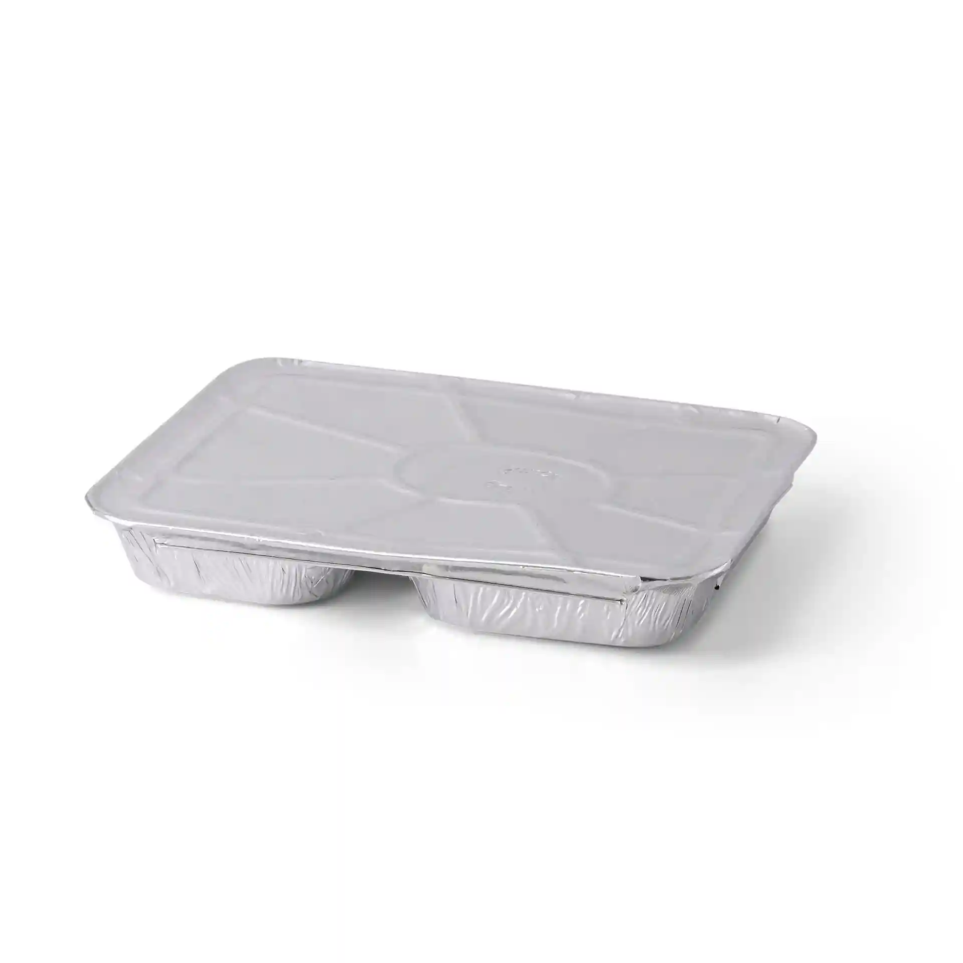 Prostokątna aluminiowa taca na posiłki z dwoma przegródkami, wymiary 22,7 x 17,7 x 3 cm.