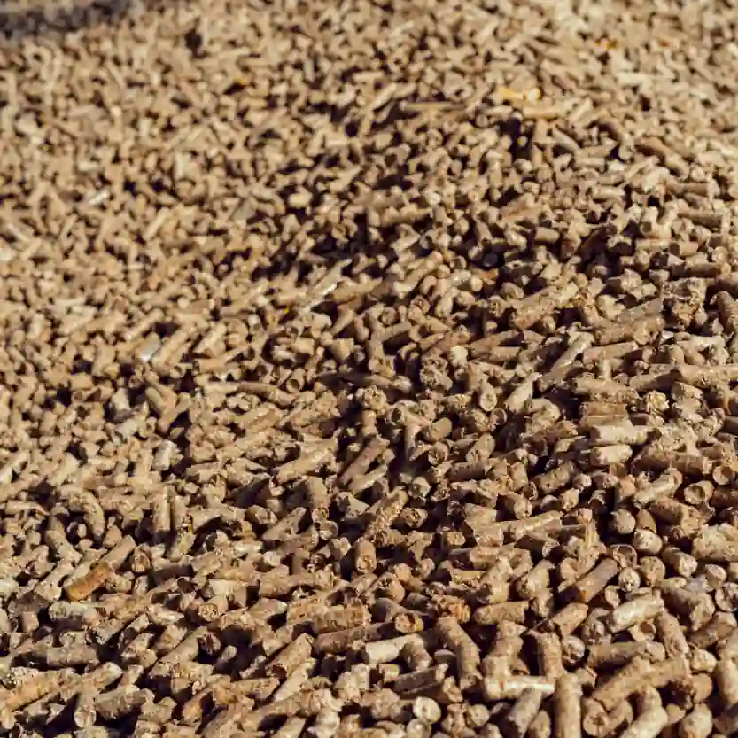 Stos małych brązowych pelletów drzewnych w słonecznym otoczeniu na zewnątrz, prezentujący materiał biokompozytowy.