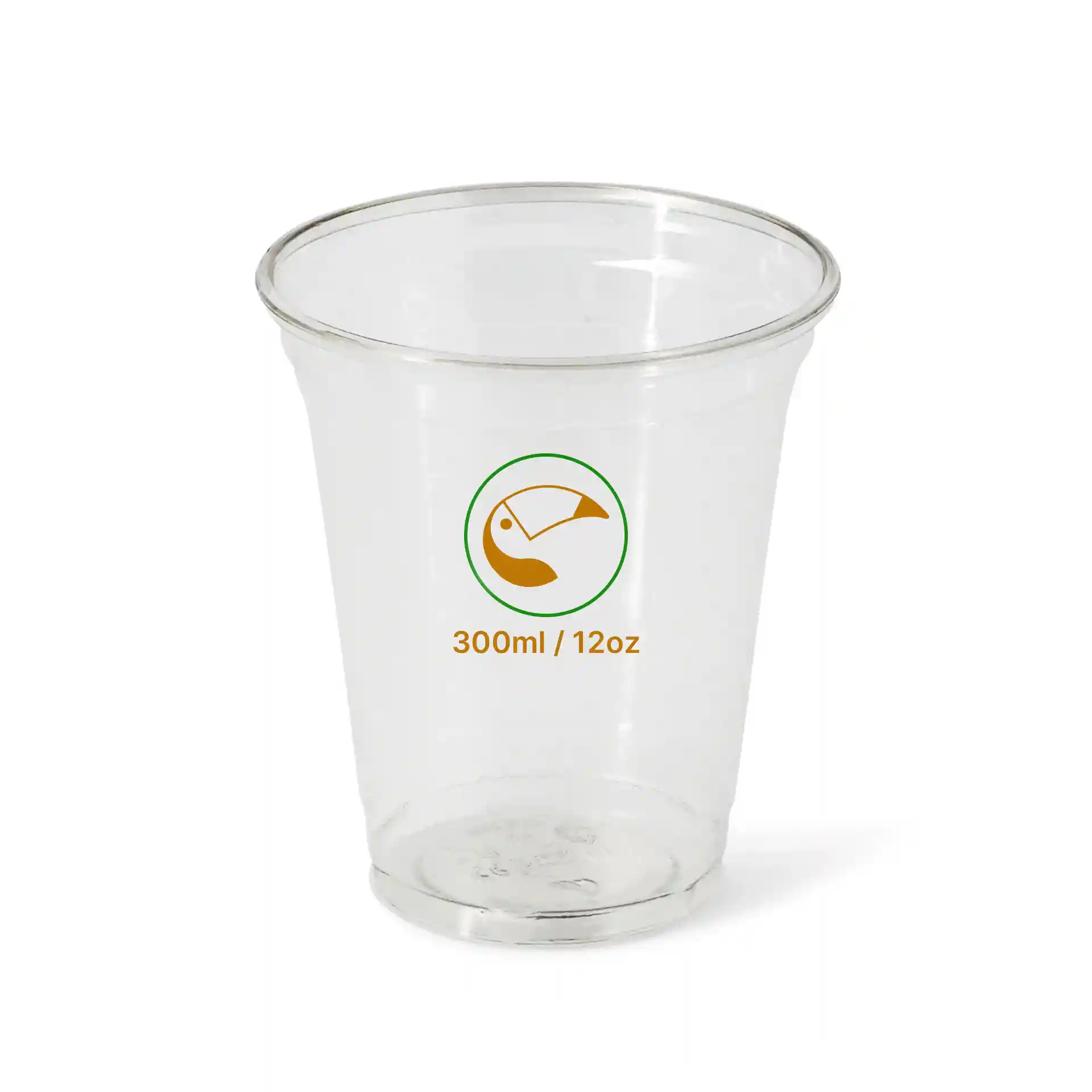Przezroczysty kubek rPET 12 oz o wysokości 107 mm i średnicy 94 mm, z nadrukowanym wzorem.