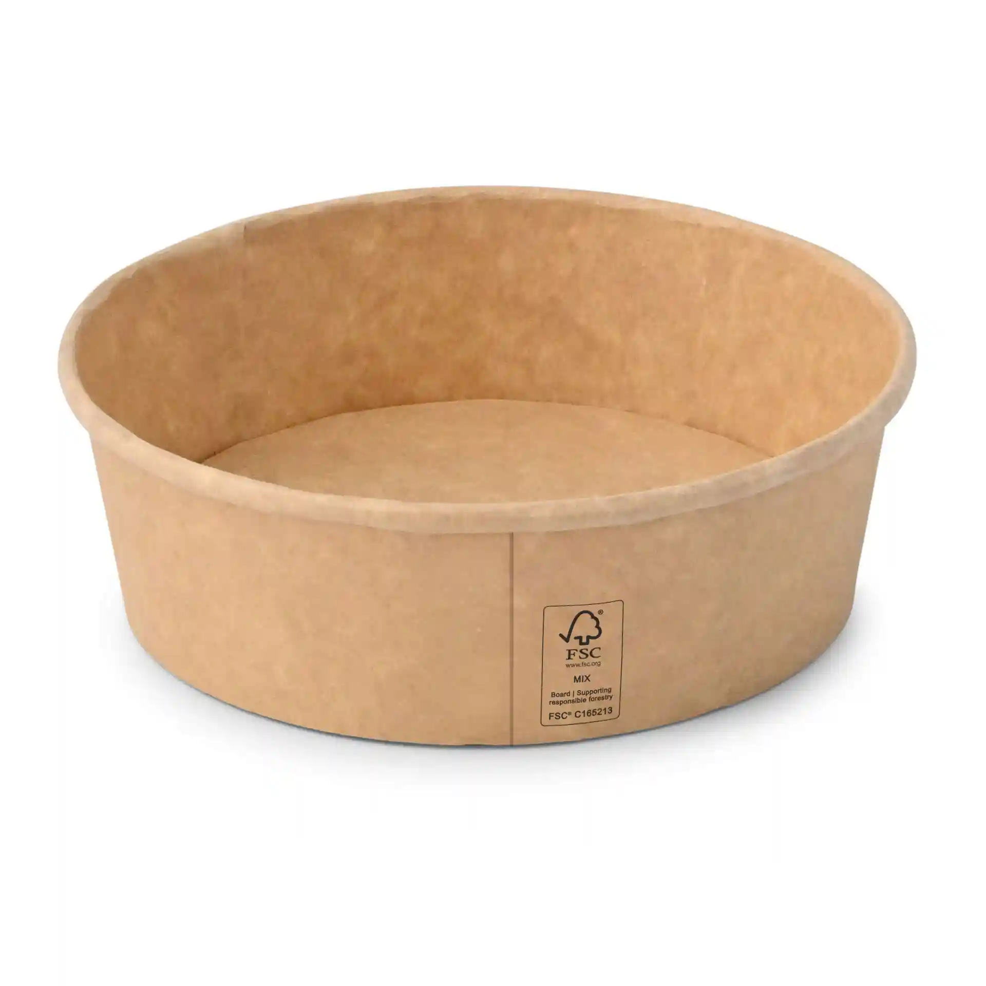 Brąbową okrągłą miseczkę papierową o średnicy 150 mm i wysokości 52 mm, wykonaną z kartonu z powłoką.