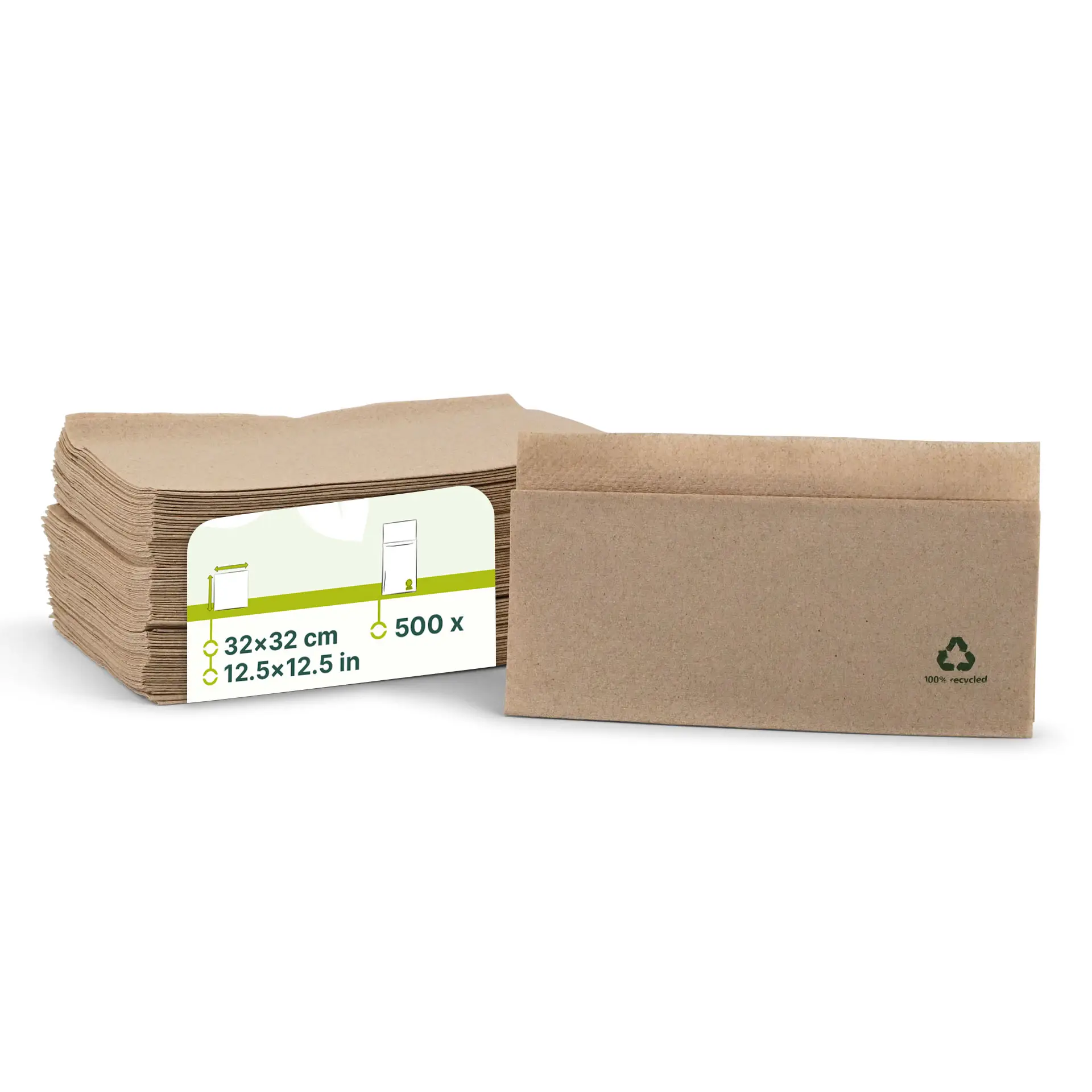 Stosunek niebielonych serwetek papierowych z recyklingu, 32x32 cm, z etykietą wskazującą 500 sztuk. Serwetki w naturalnym kolorze.
