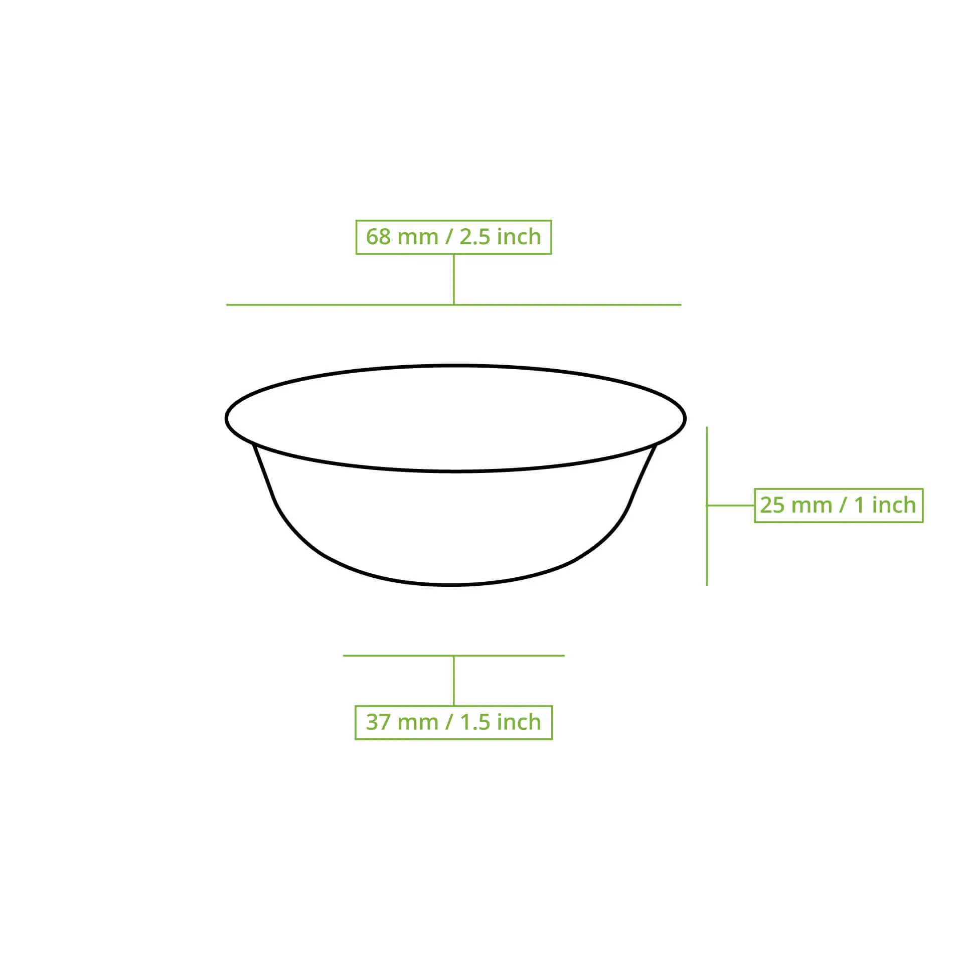 Mini miska do dipu z liścia palmowego, okrągły kształt, średnica 68 mm i wysokość 25 mm, przedstawiona z wymiarami.
