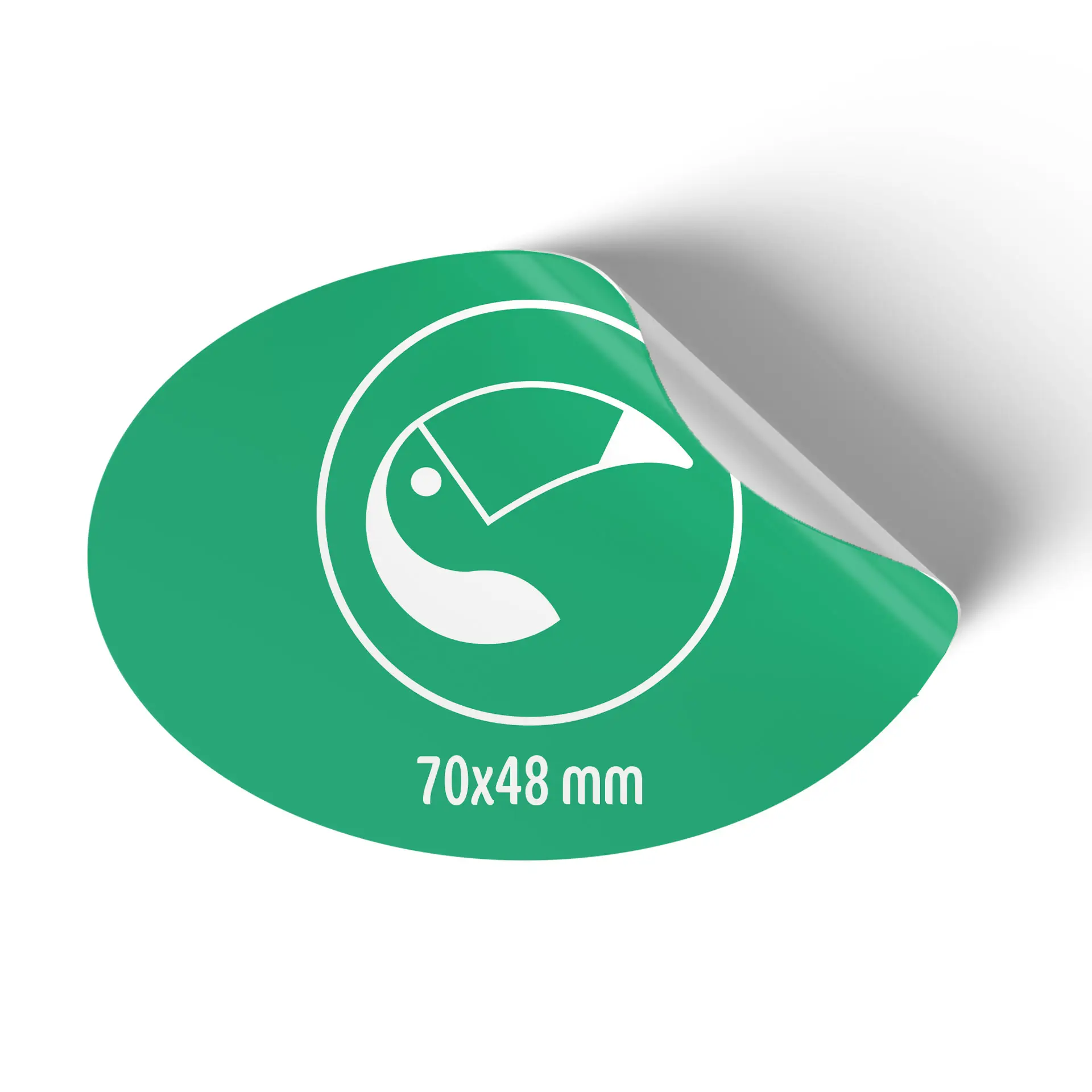 Zielona owalna naklejka z białą grafiką i wymiarami 70x48 mm, z częścią naklejki zawiniętą na krawędzi.