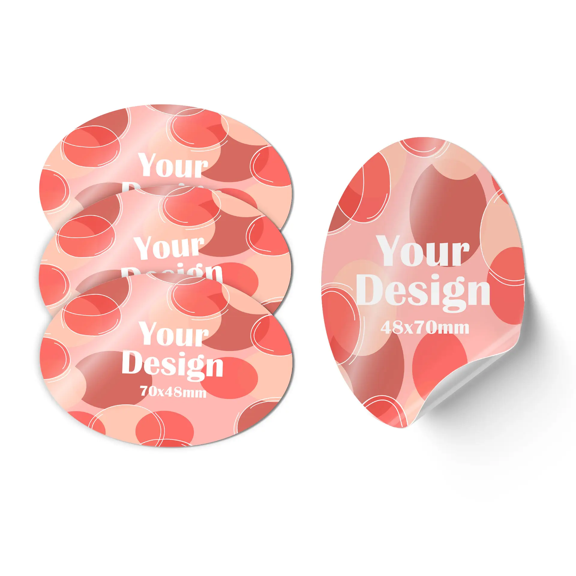 Zielona owalna naklejka z białą grafiką i wymiarami 70x48 mm, z częścią naklejki zawiniętą na krawędzi.