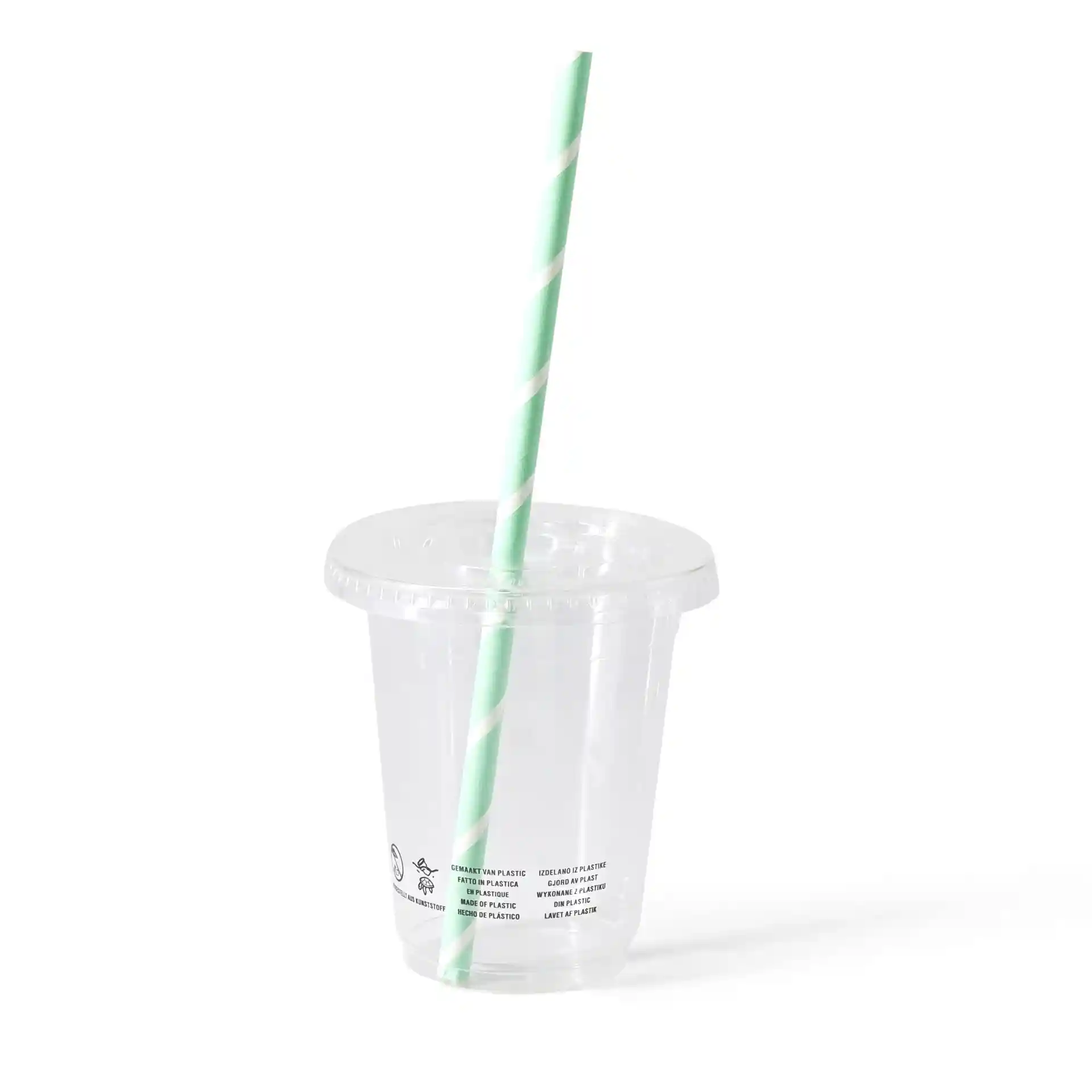 Przezroczysty kubek PLA z zielono-białą słomką, pojemność 300 ml, na jednolitym tle.