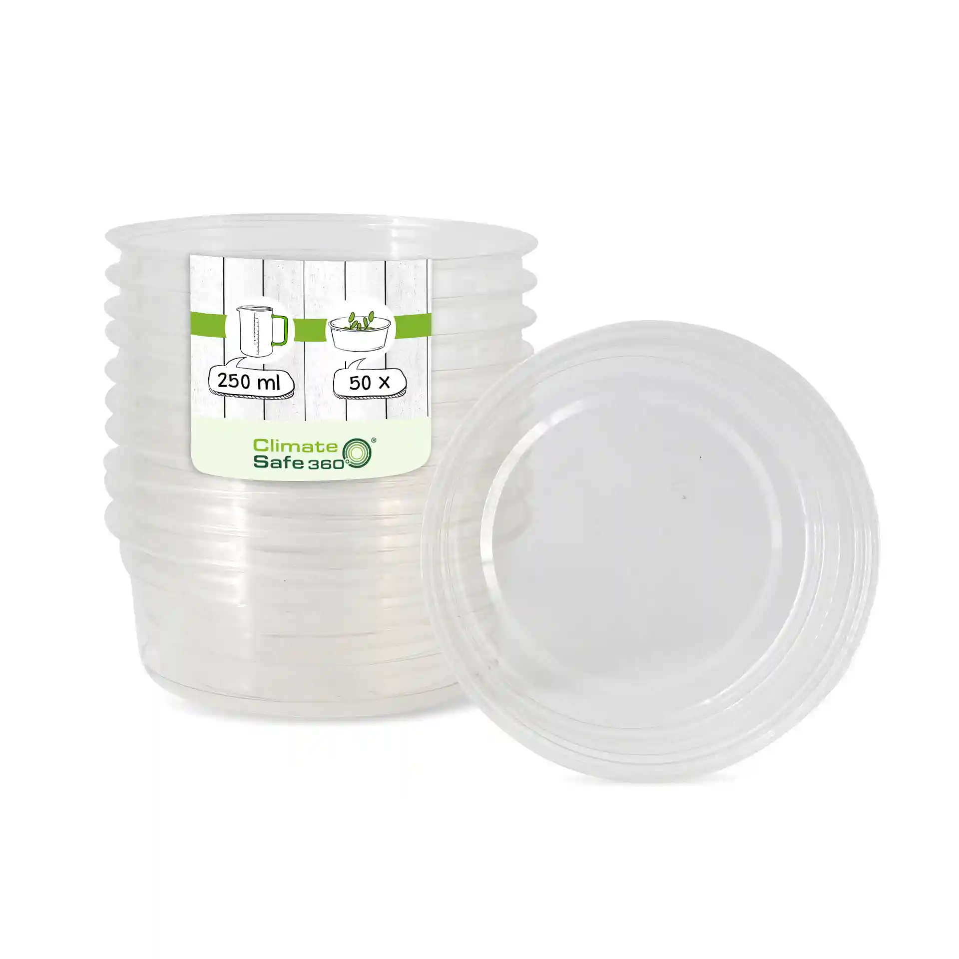 Przezroczysty okrągły pojemnik deli o pojemności 250 ml, pokazujący kilka ułożonych pojemników i jeden na boku.