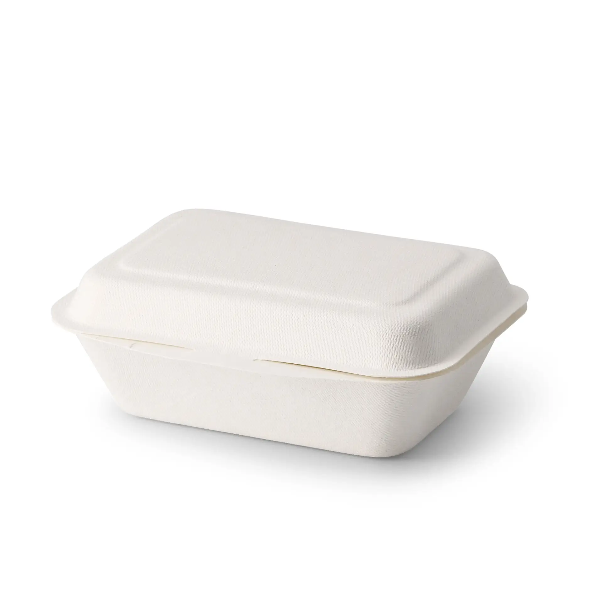 Sustainable sugarcane food container with a hinged lid, suitable for hot and cold foods, biodegradable and eco-friendly.