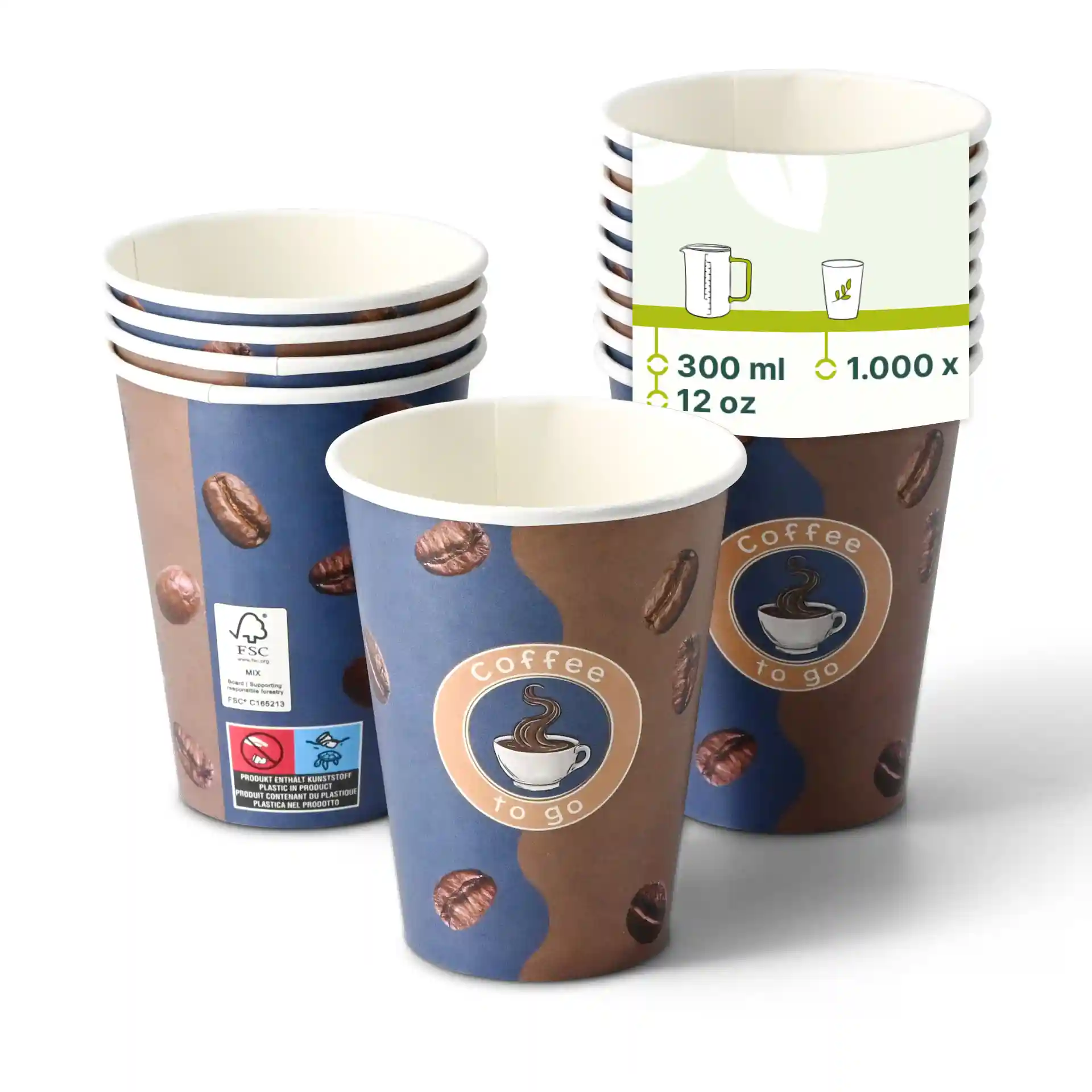 Stos papierowych kubków z nadrukiem wzoru ziaren kawy, okrągły kształt i widoczne logo "Coffee to go".