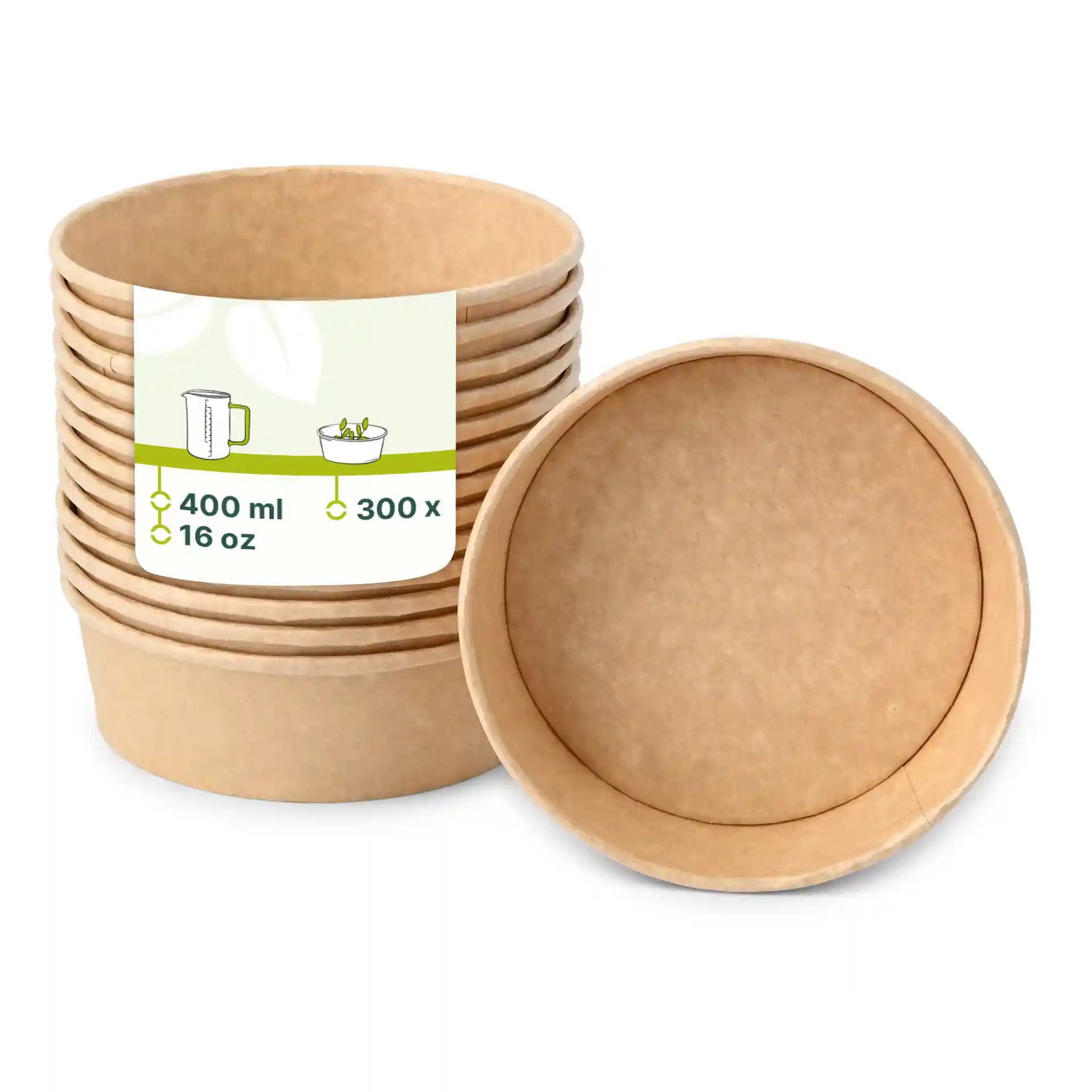 Stos brązowych misek papierowych z etykietą pokazującą pojemność 400 ml i wymiary, jedna miska jest odwrócona.