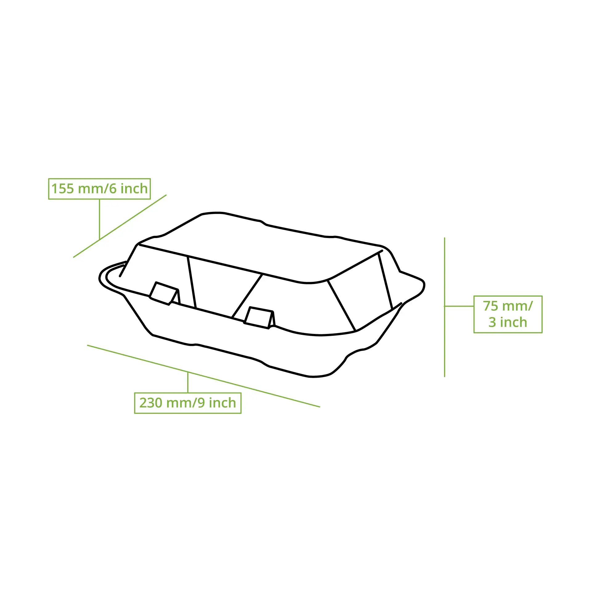 Pojemnik na wynos z trzciny cukrowej, wymiary 230 mm x 155 mm x 75 mm; biodegradowalny z klapką na tłuste jedzenie.