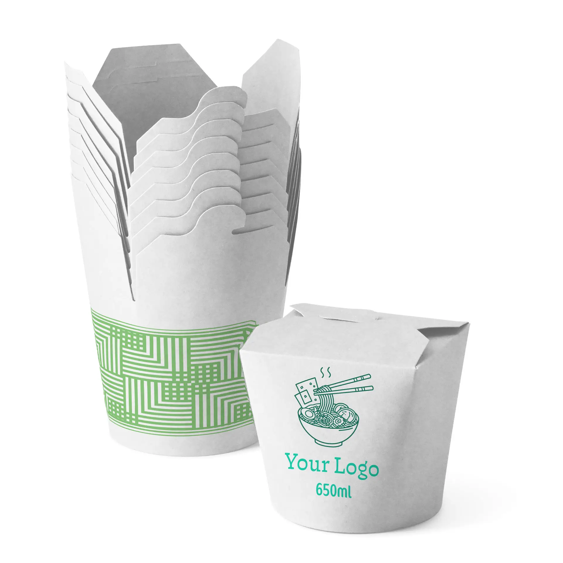 Pudełka na makaron z nadrukiem, 650 ml, biały, powłoka PLA