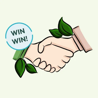 Ilustracja uściski dłoni między dwiema rękami, otoczona zielonymi liśćmi; zawiera etykietę 'Win Win!'.