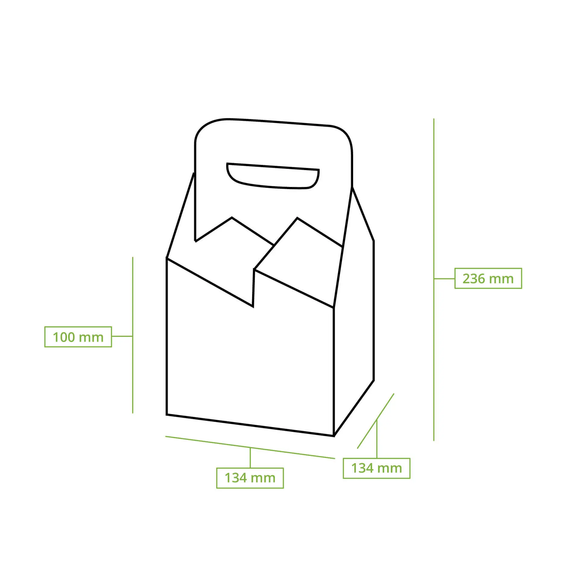 Składany kartonowy nośnik butelek z centralnym uchwytem; wymiary 134 mm x 134 mm x 236 mm, odpowiedni dla 2-4 butelek.